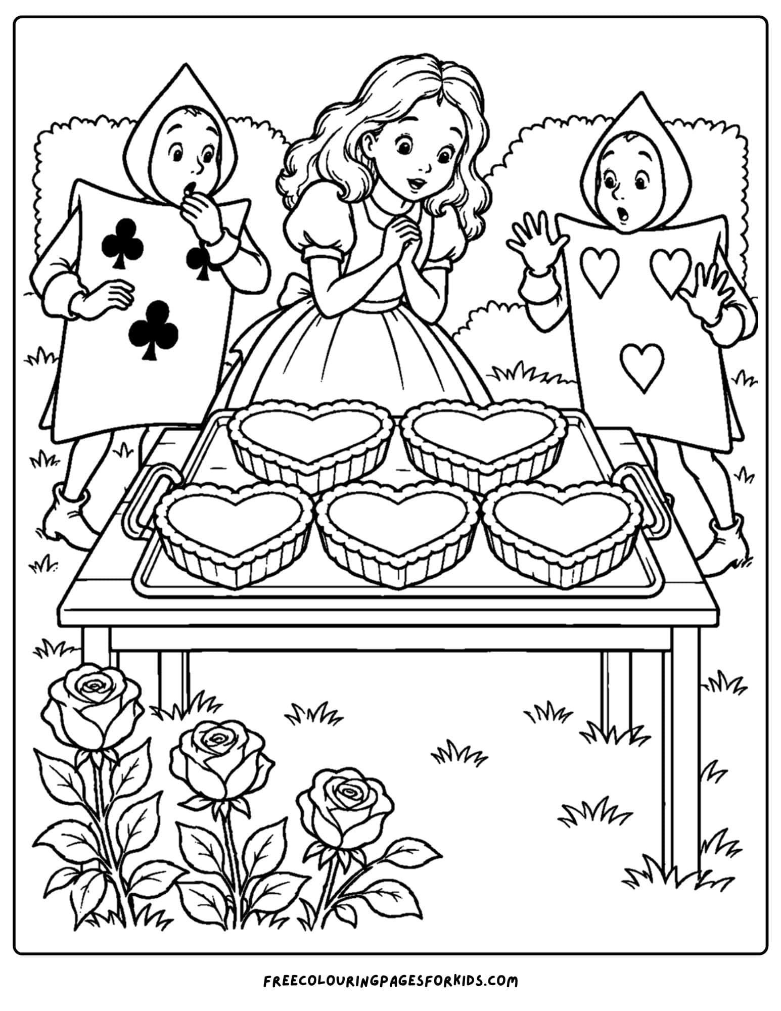 a coloring page of alice in wonderland with the hearts making tarts