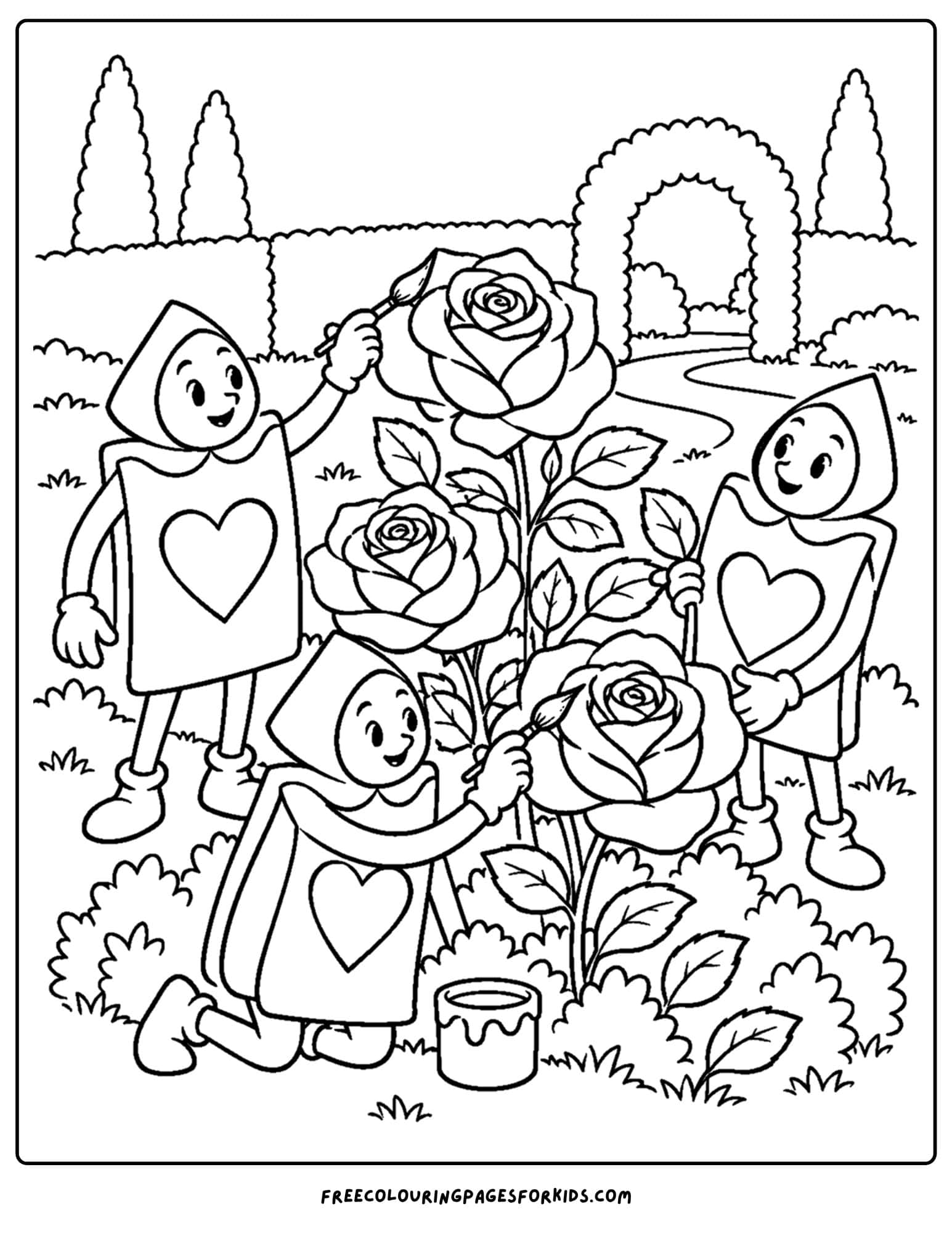 a coloring page of alice in wonderland showing the roses being painted