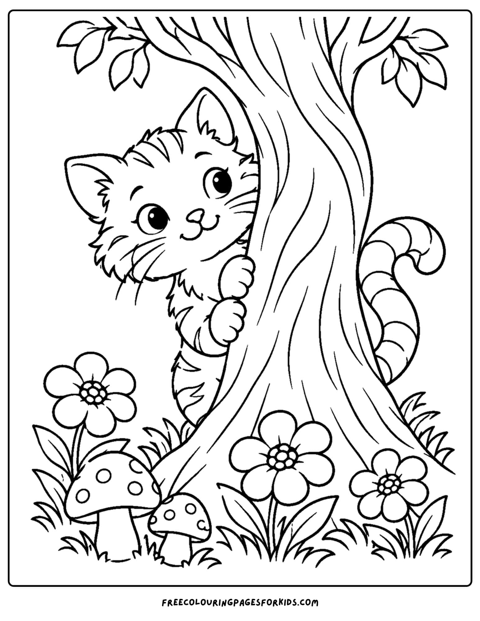 a coloring page of alice in wonderland of a cheshre cat peeking from behind a tree