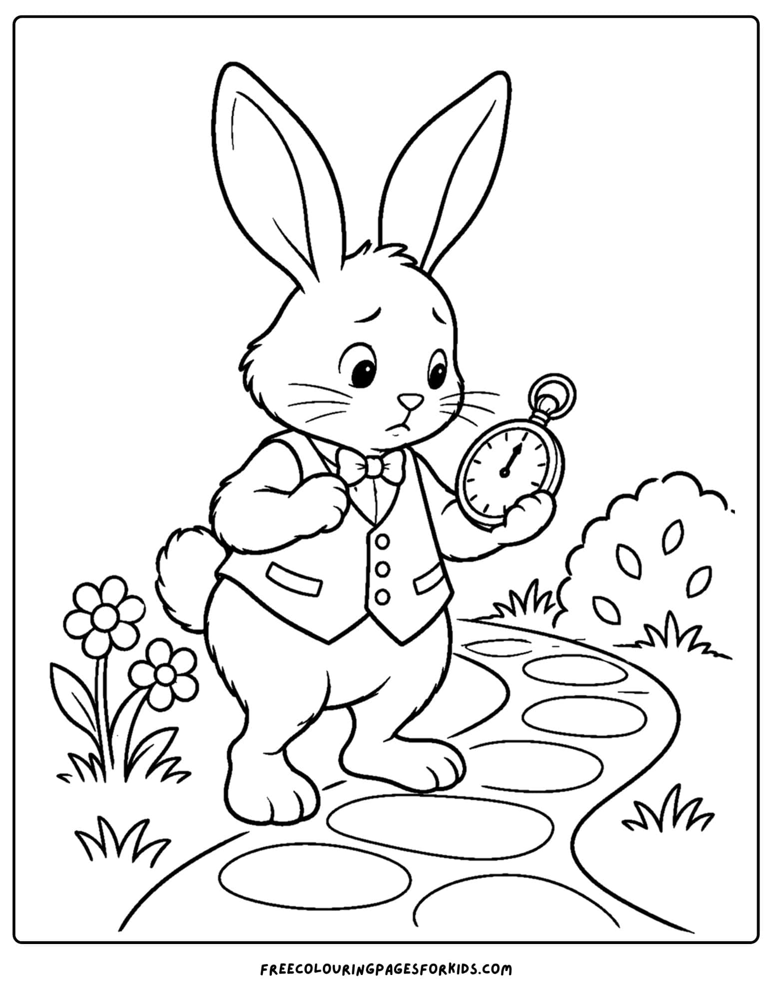 a coloring page of alice in wonderland showing the white rabbit holding a pocket watch