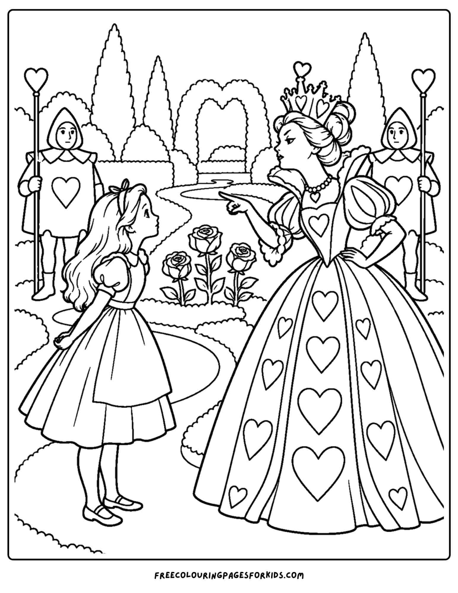 a coloring page of alice in wonderland meeting the queen