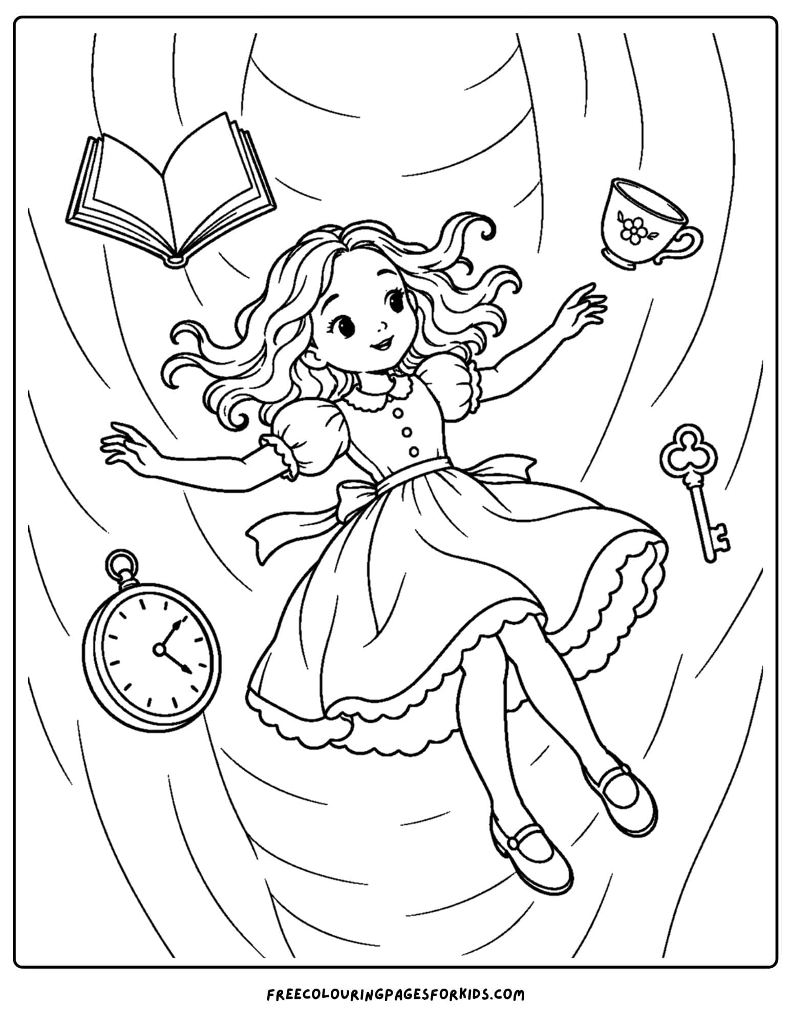 a coloring page of alice in wonderland falling down the rabbit hole