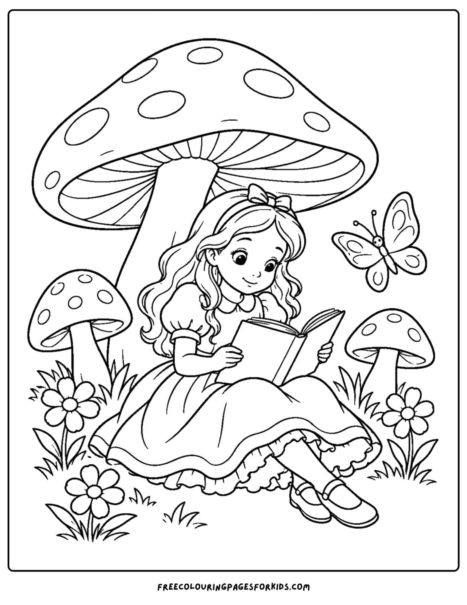 a coloring page of alice in wonderland reading under a mushroom