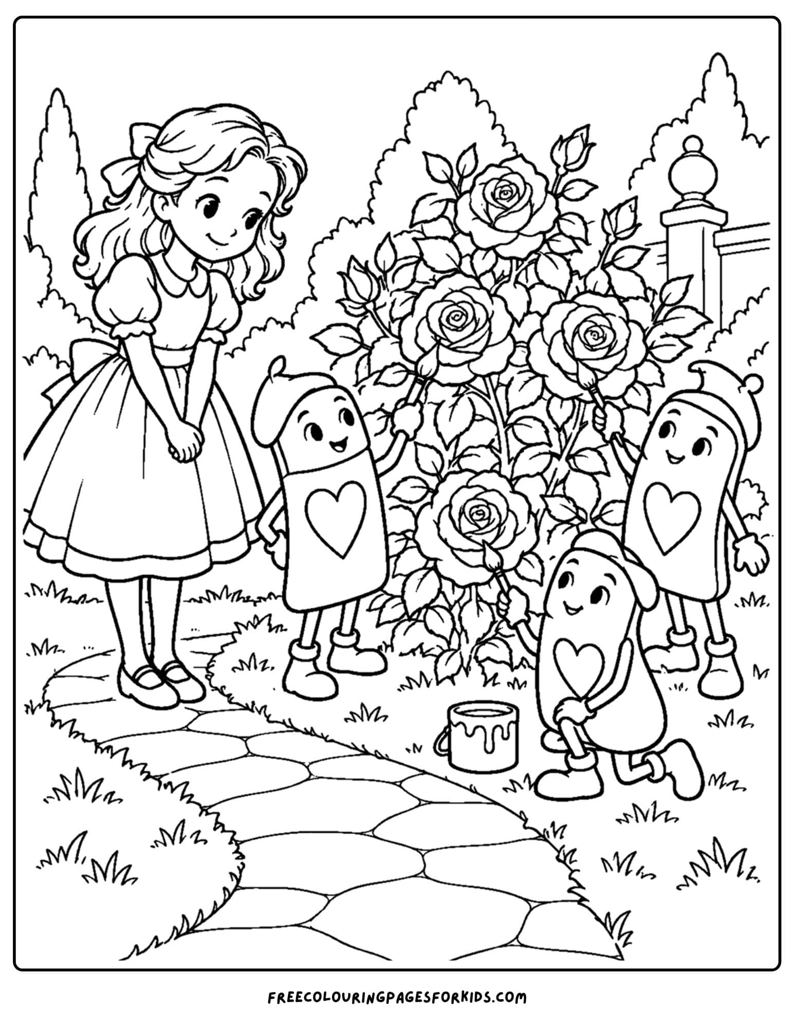 a coloring page of alice in wonderland meeting the rose painters