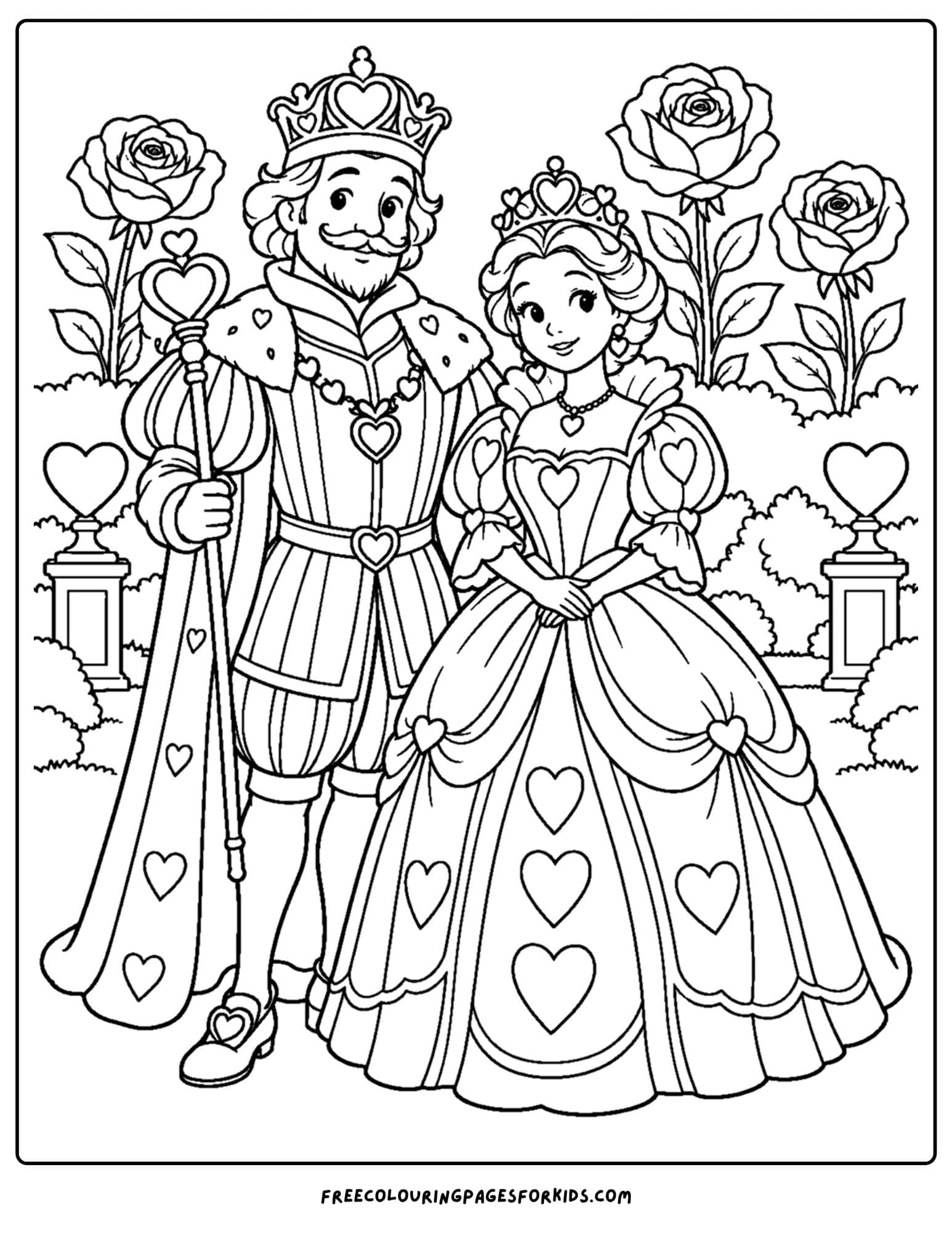 a coloring page of alice in wonderland's royal couple