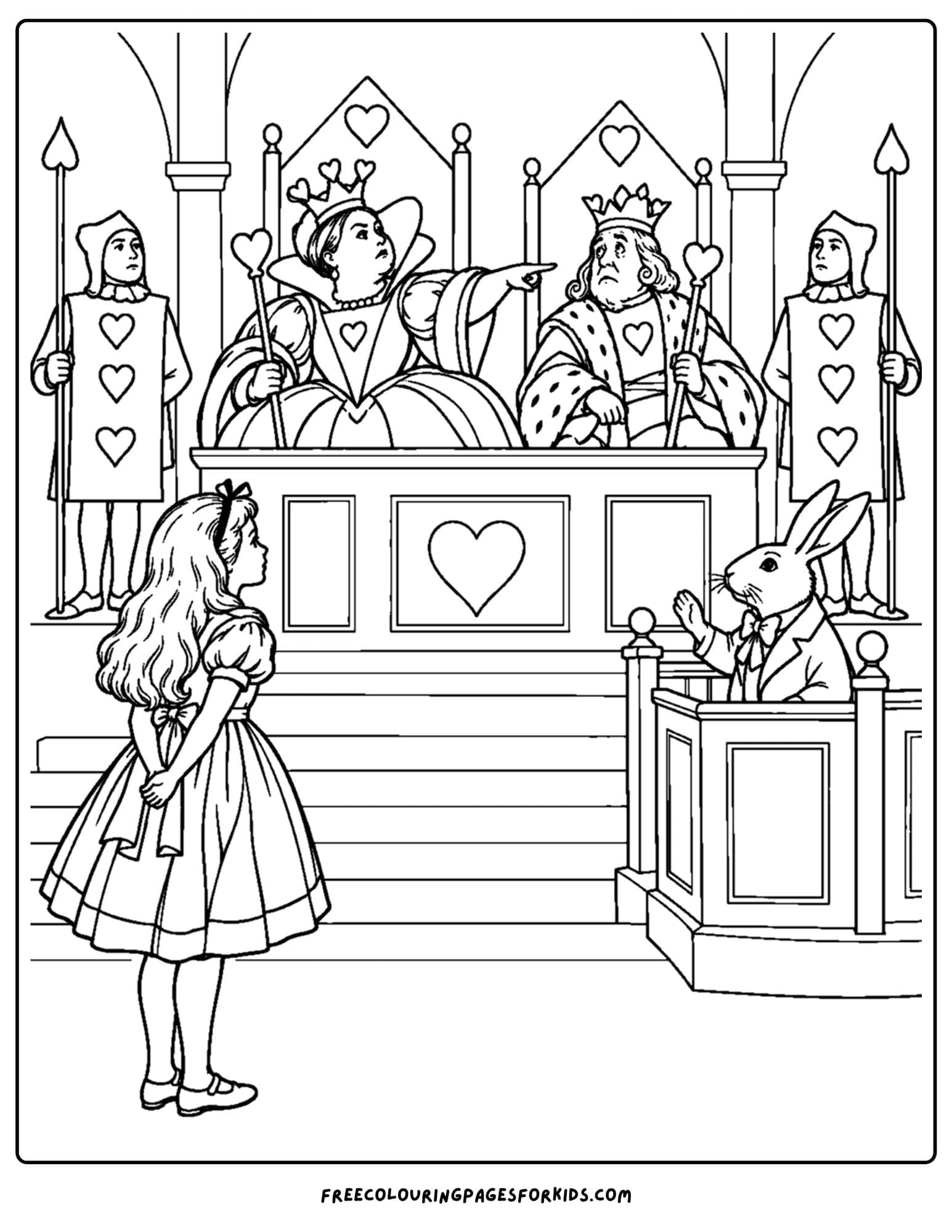 a coloring page of alice in wonderland at the royal trial