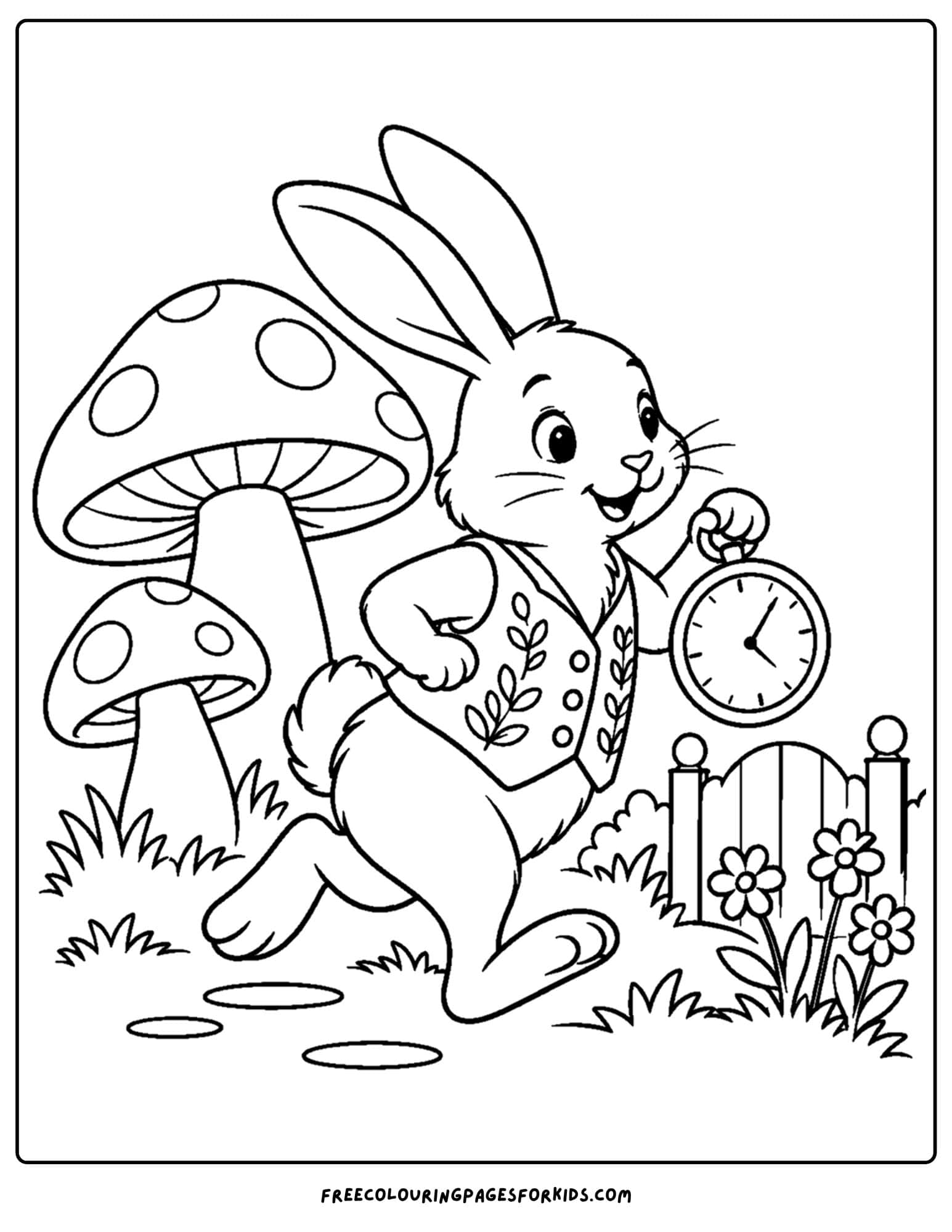 a coloring page of alice in wonderland of the white rabbir running