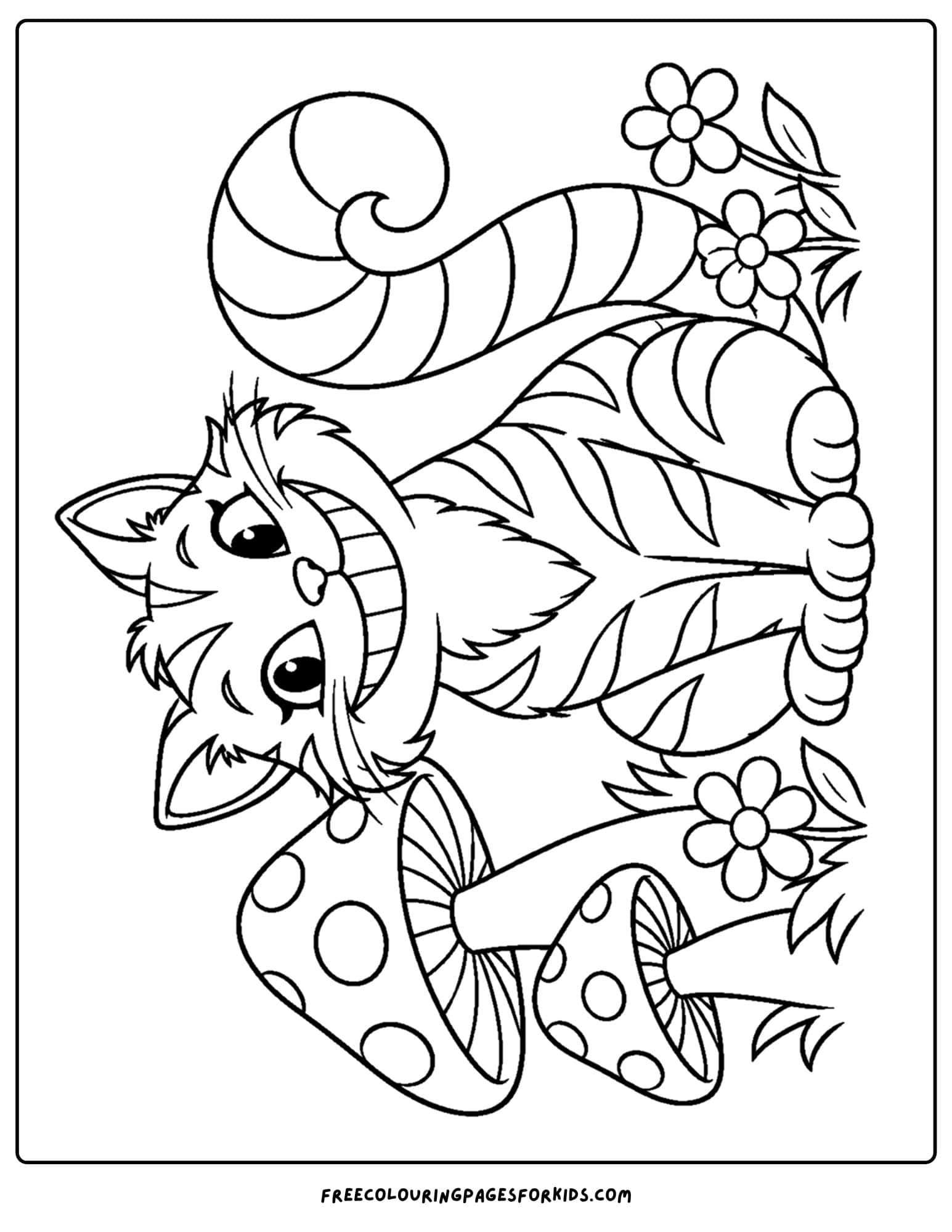 a coloring page of alice in wonderland and the cheshire cat