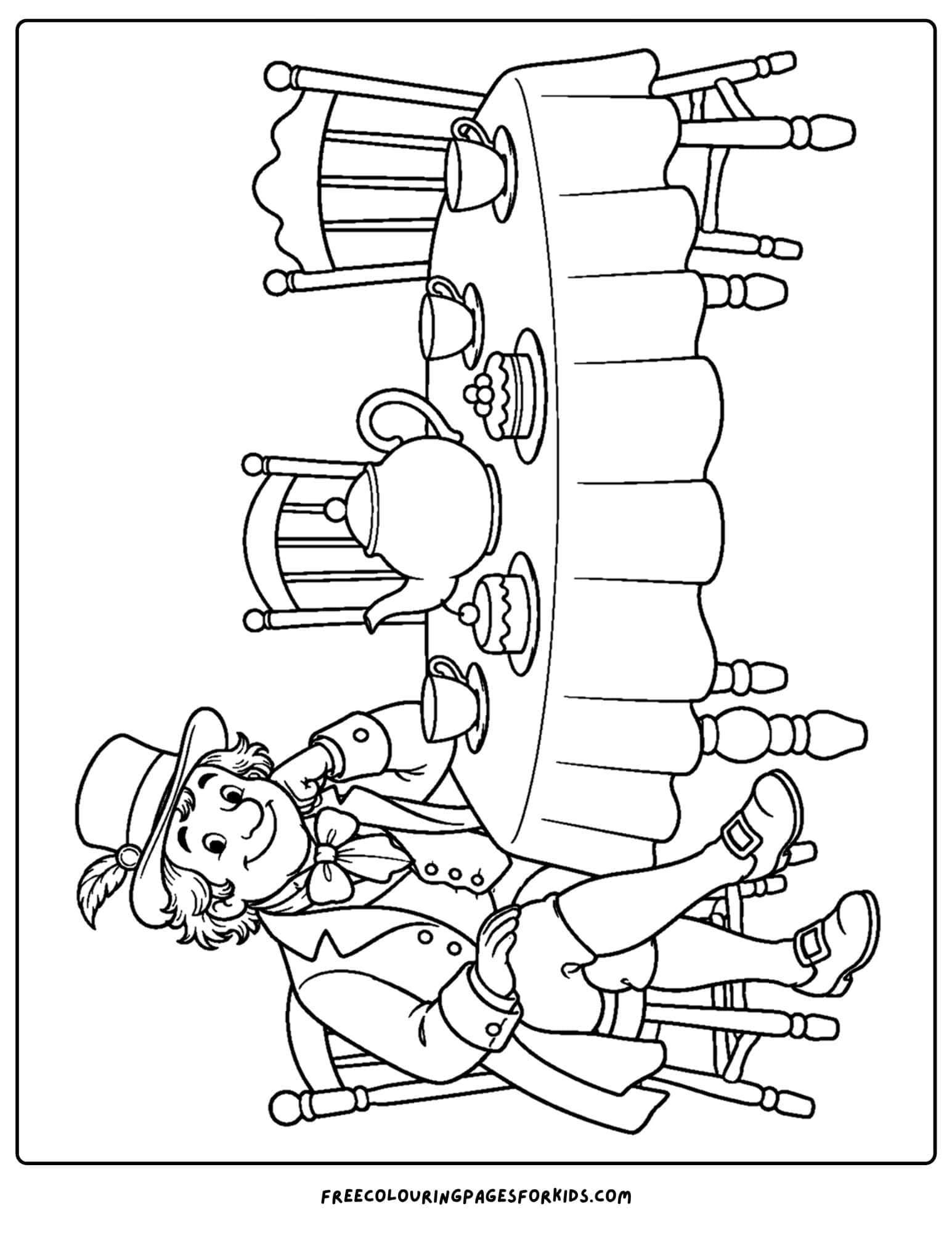 a coloring page of alice in wonderland tea party with the mad hatter