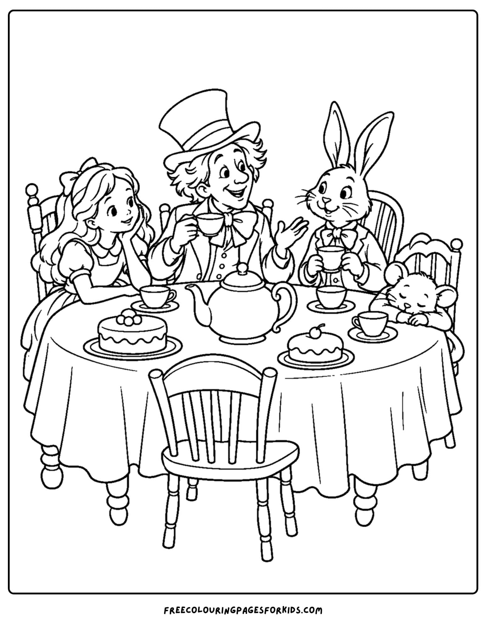 a coloring page of alice in wonderland tea party with alice, the mad matter and white rabbit