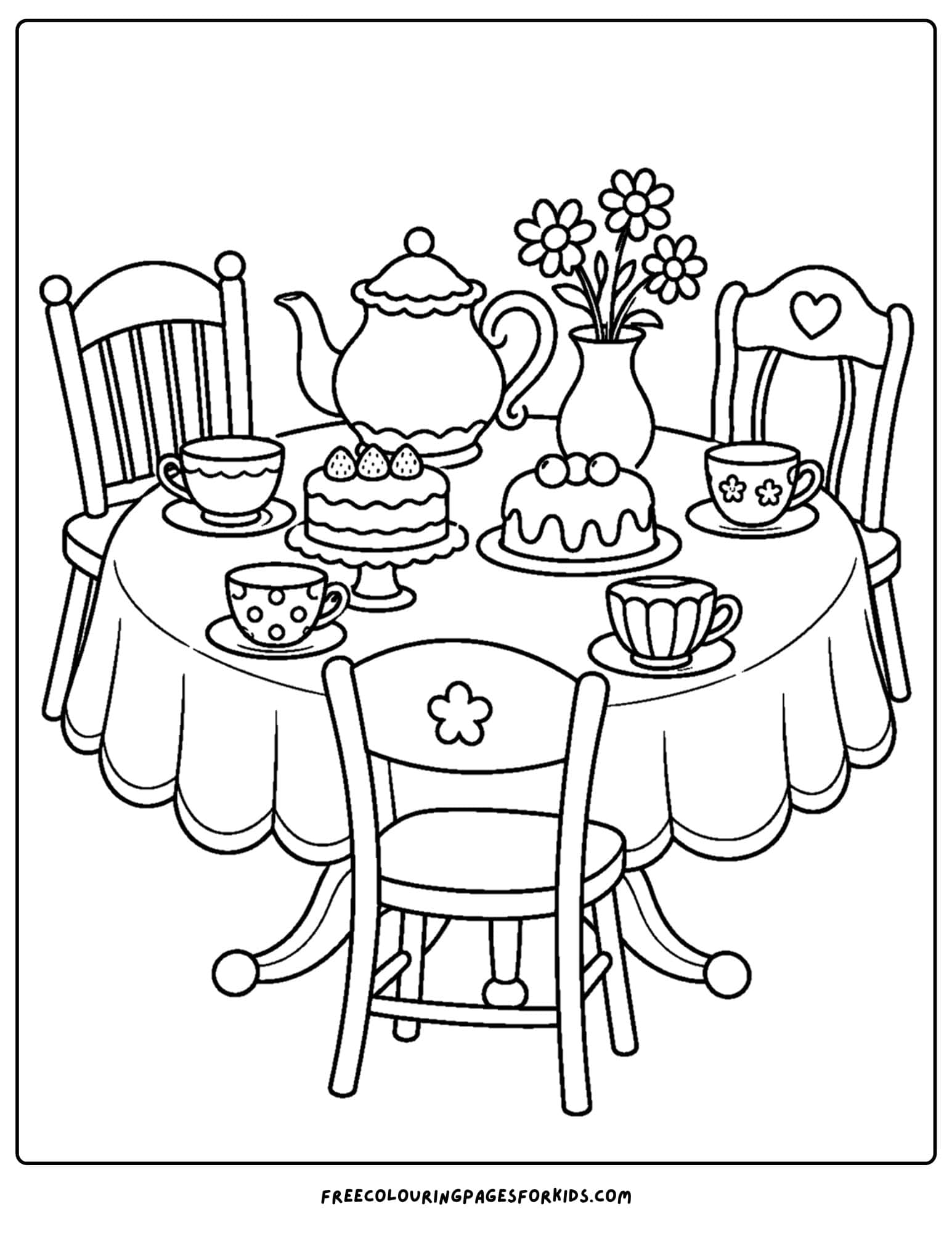 a coloring page of alice in wonderland tea table setting