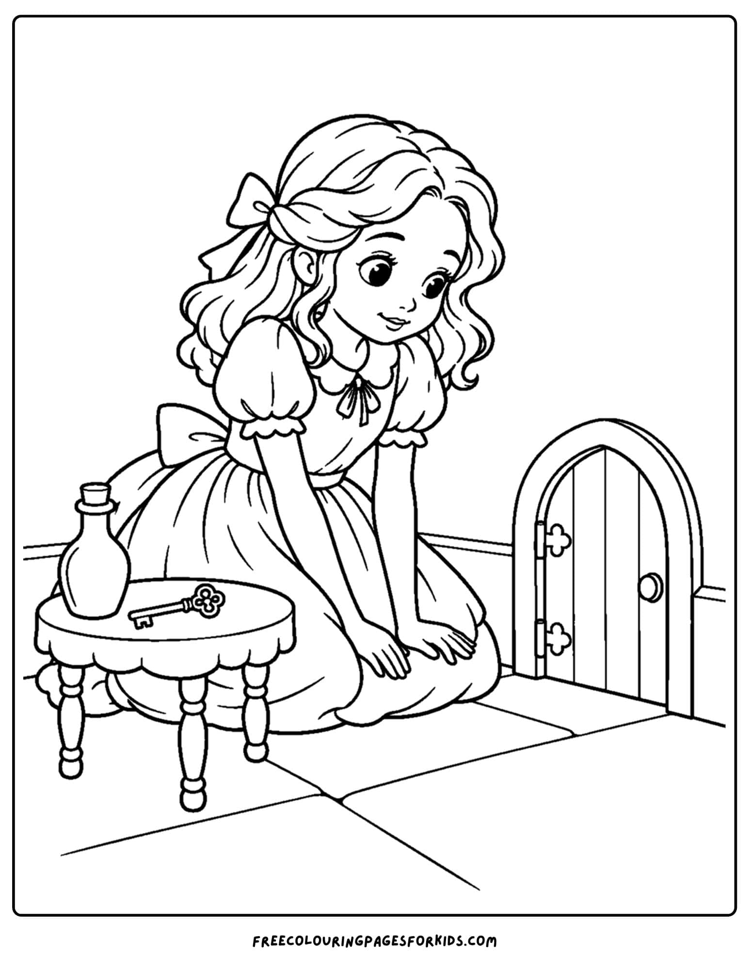 a coloring page of alice in wonderland beside a tiny door