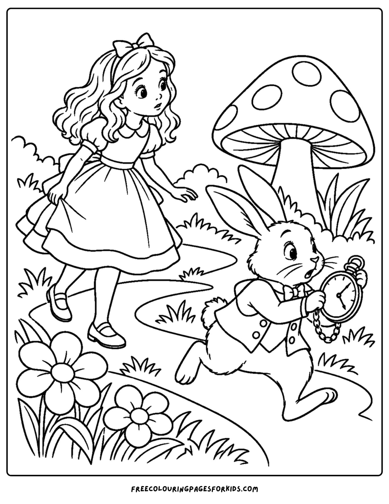 a coloring page of alice in wonderland with a white rabbit