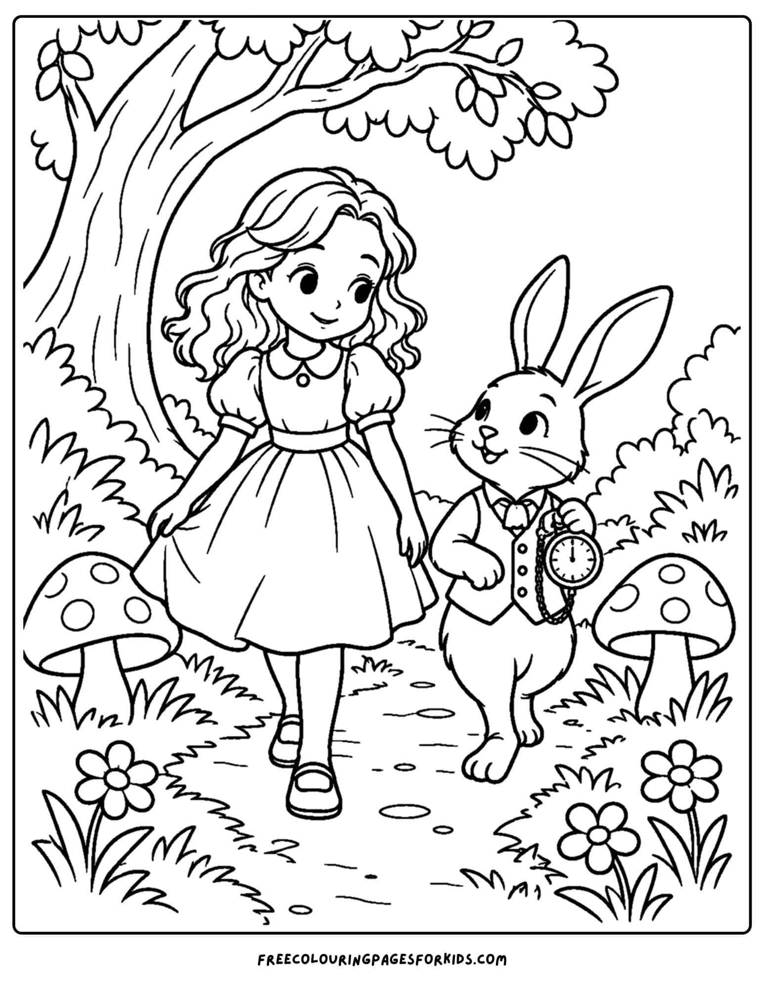 a coloring page of alice in wonderland walking with a rabbit
