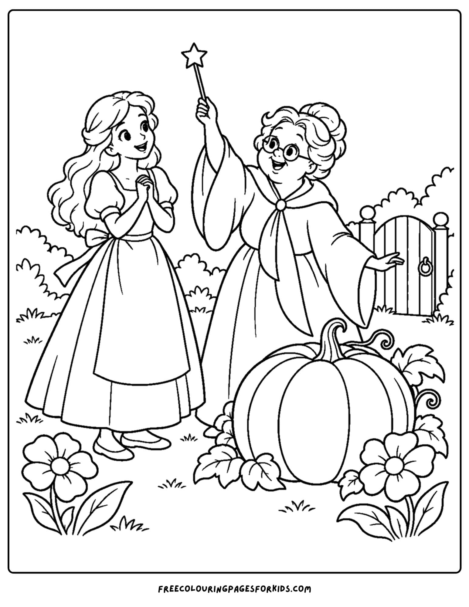 a cinderella coloring page of the fairy godmother and her magic wand