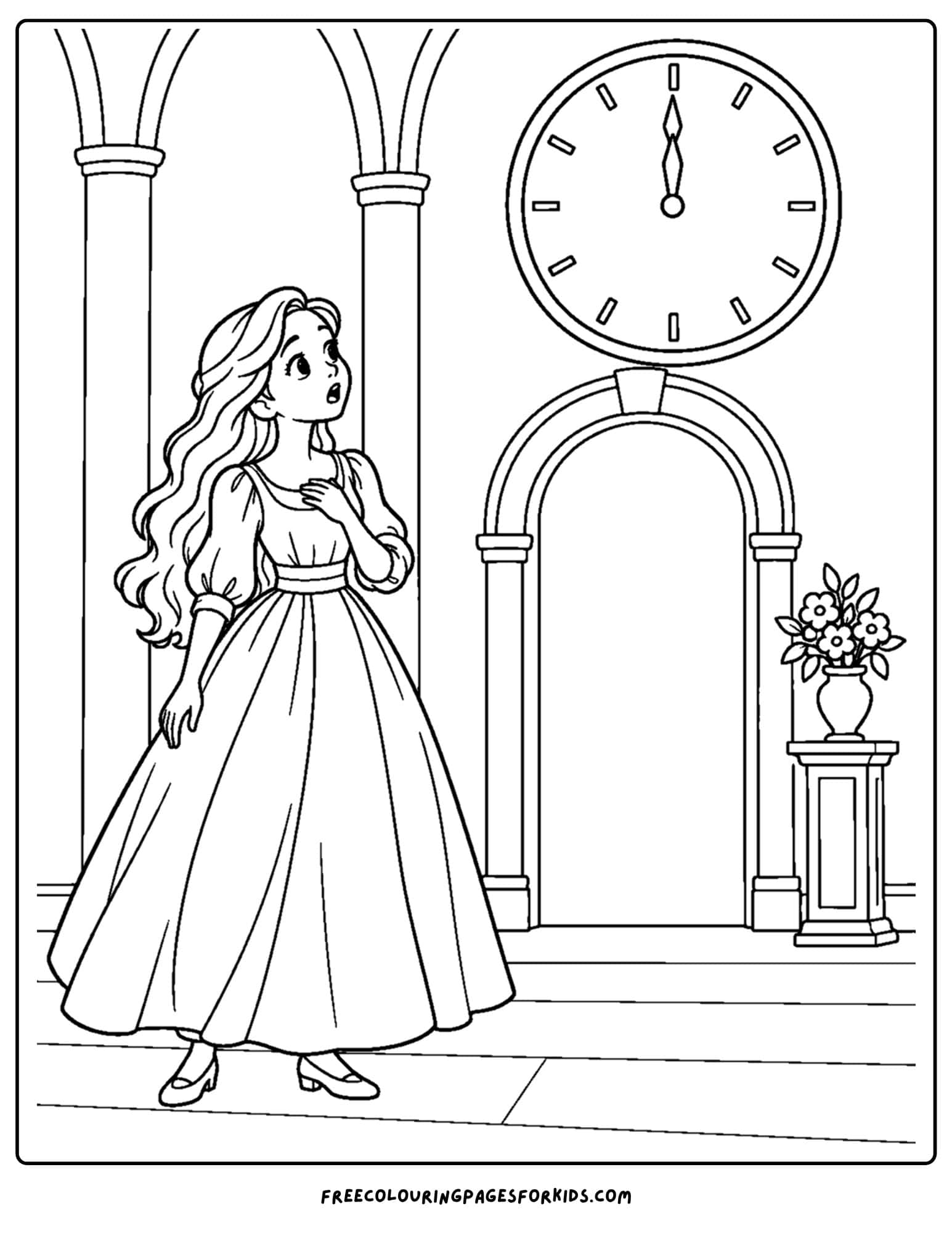 a cinderella coloring page looking at the clock at midnight