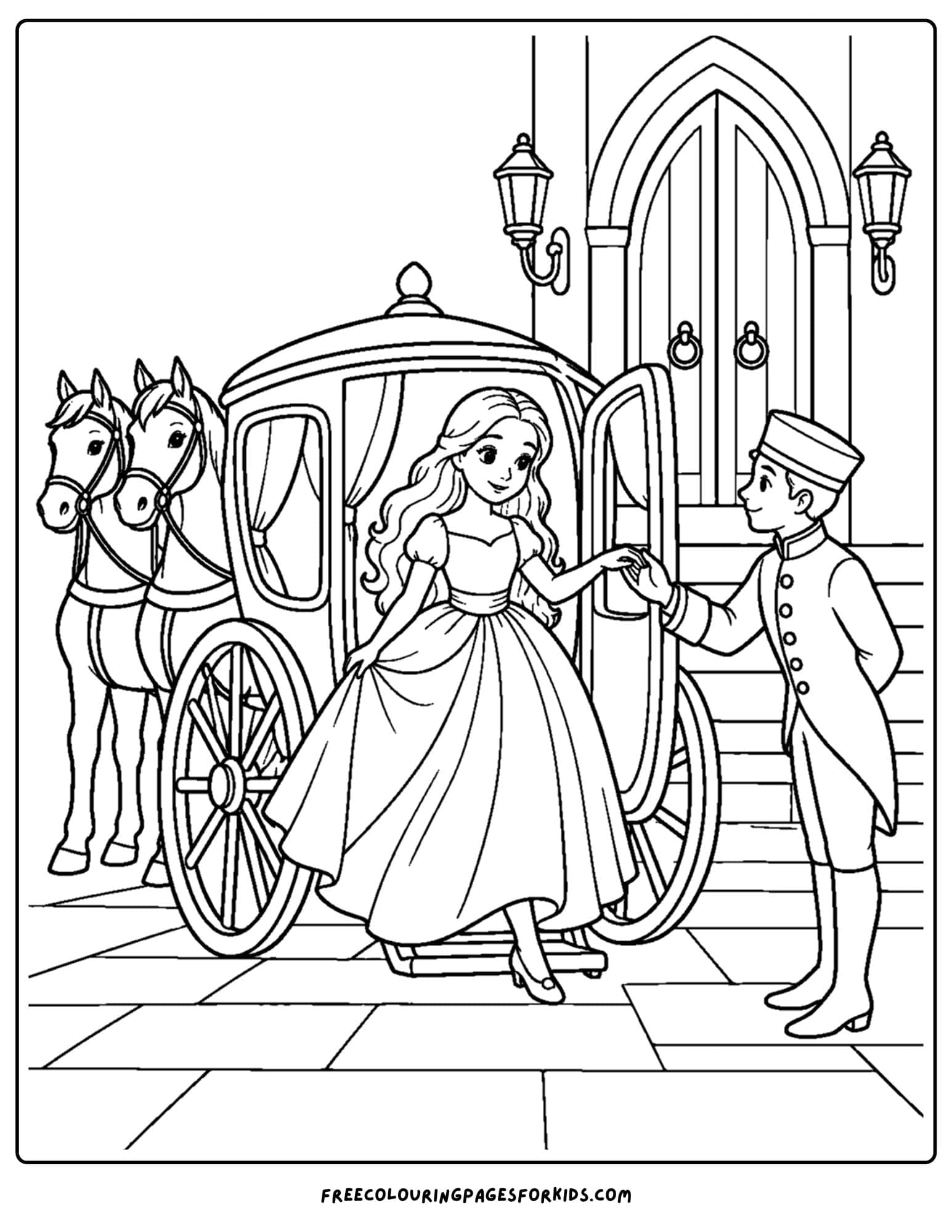 a cinderella coloring page of her arriving at the castle