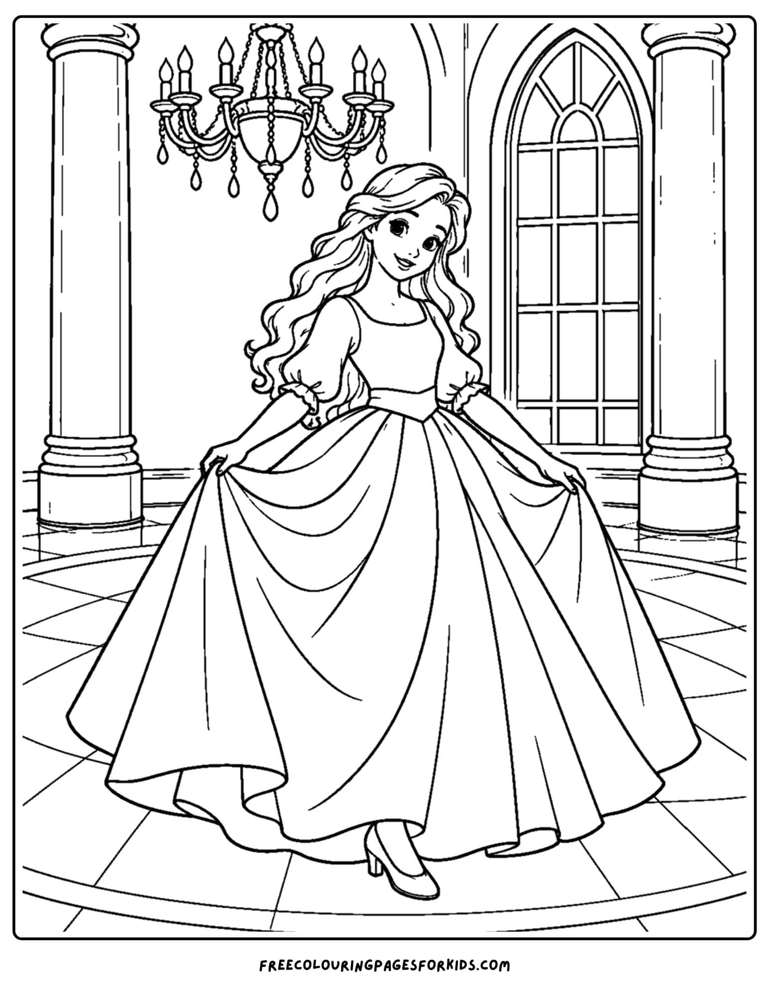 a cinderella coloring page of her at the royal ball