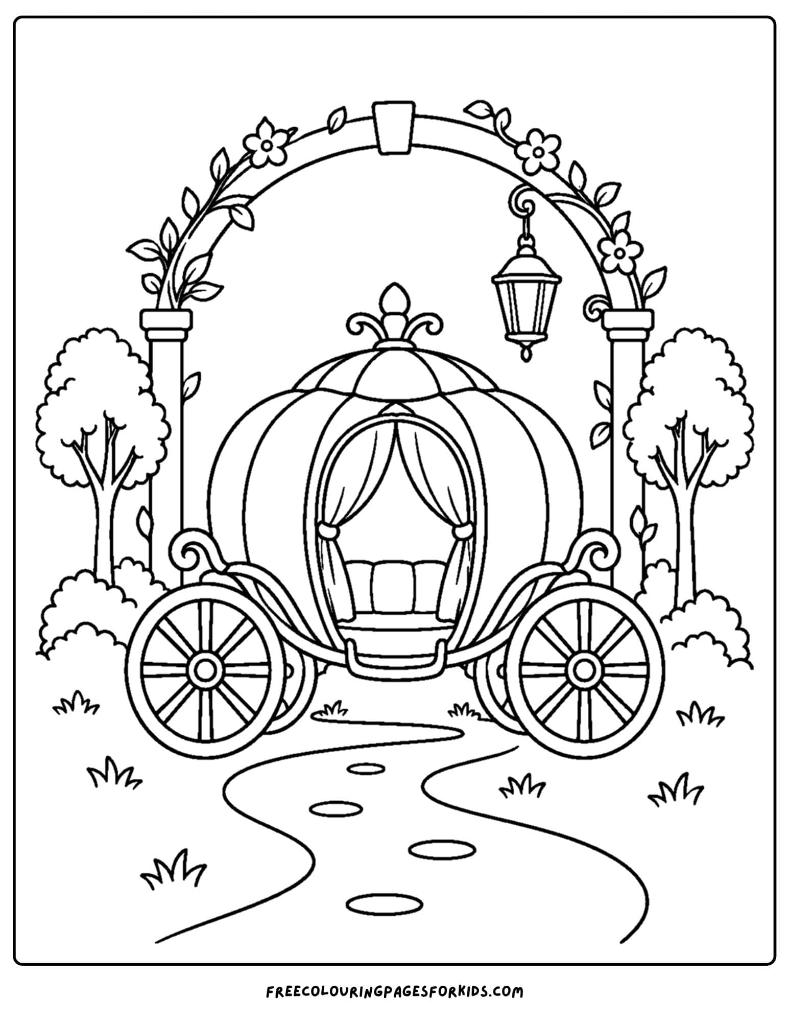 a cinderella coloring page of the carriage in the garden