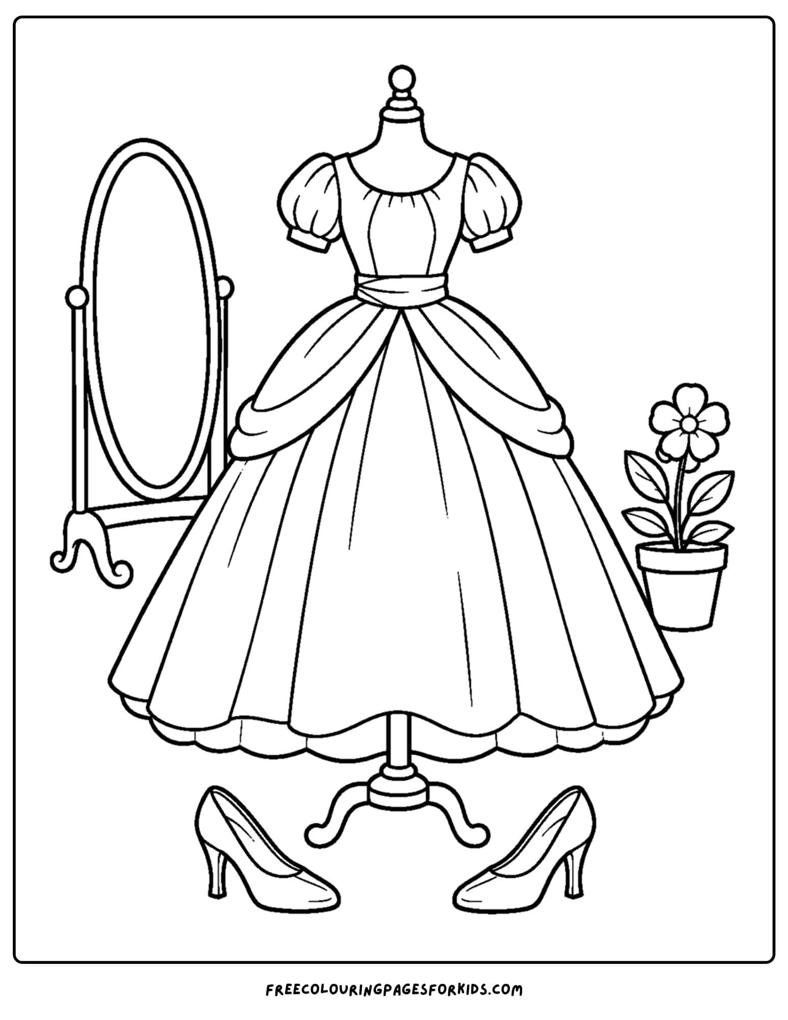 a cinderella coloring page of her dress and slippers