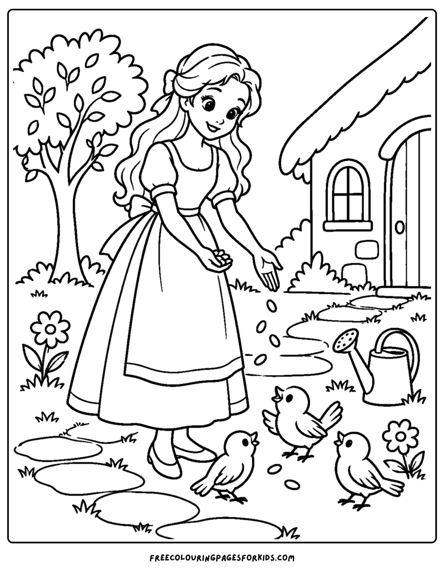 a cinderella coloring page of her feeding birds