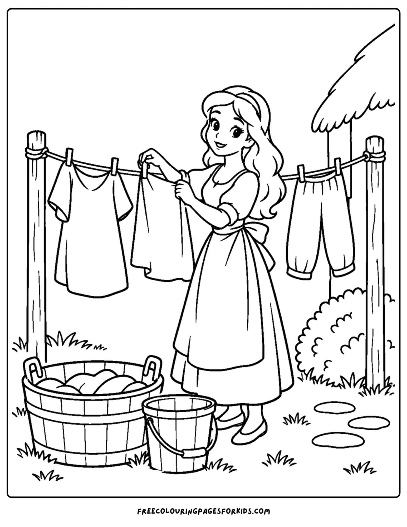 a cinderella coloring page of her hanging laundry on the line