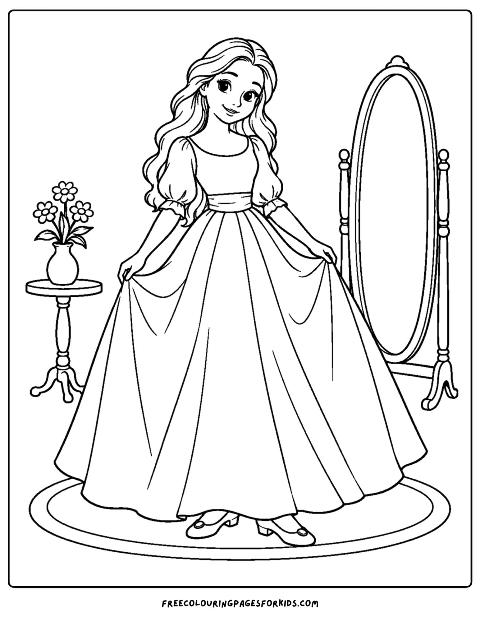 a cinderella coloring page her holding her dress in front of a mirror