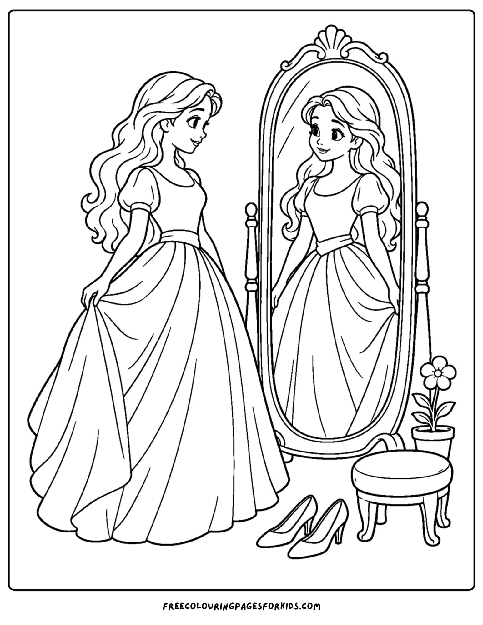 a cinderella coloring page of her looking in a mirror