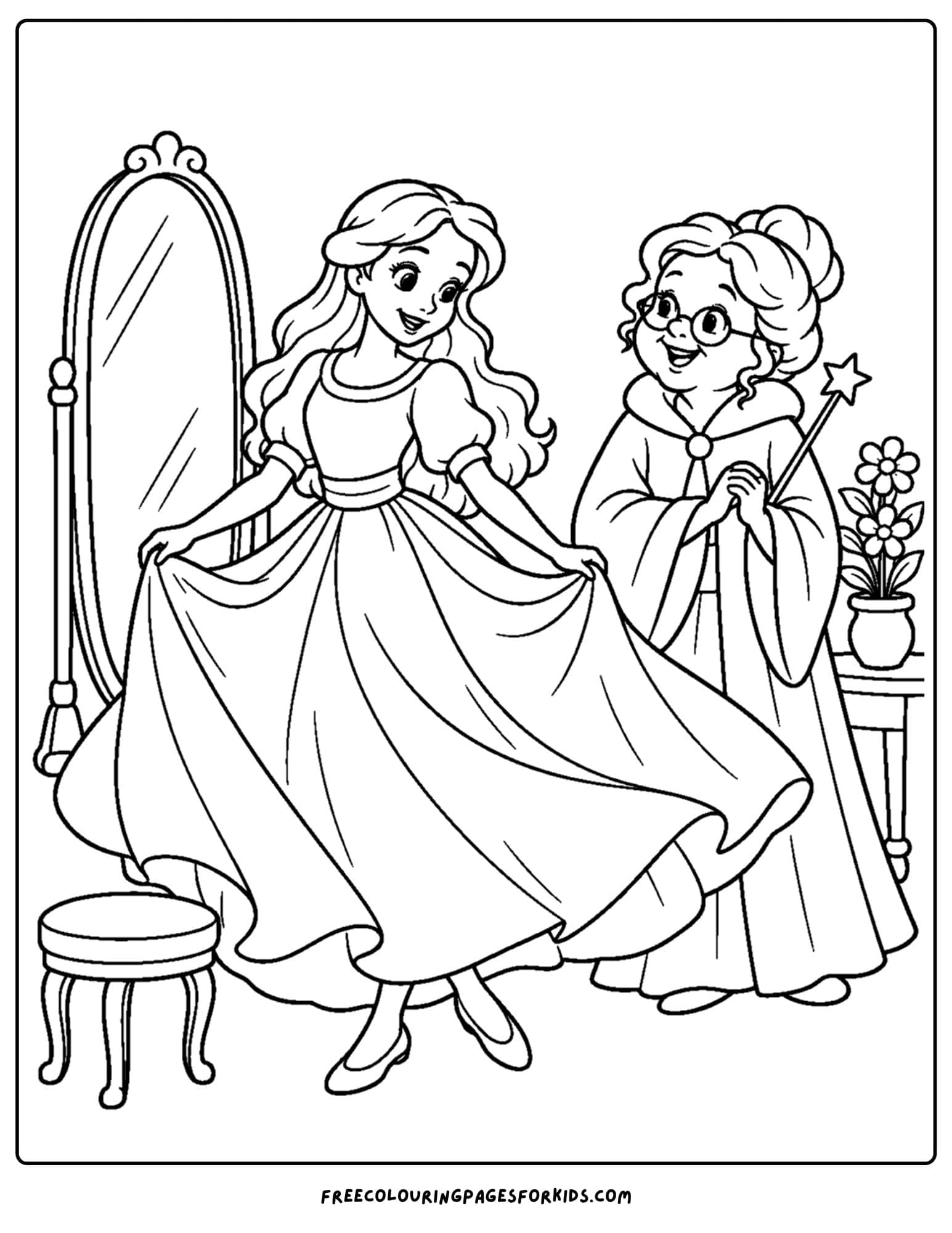 a cinderella coloring page of her doing a twirl all dressed up