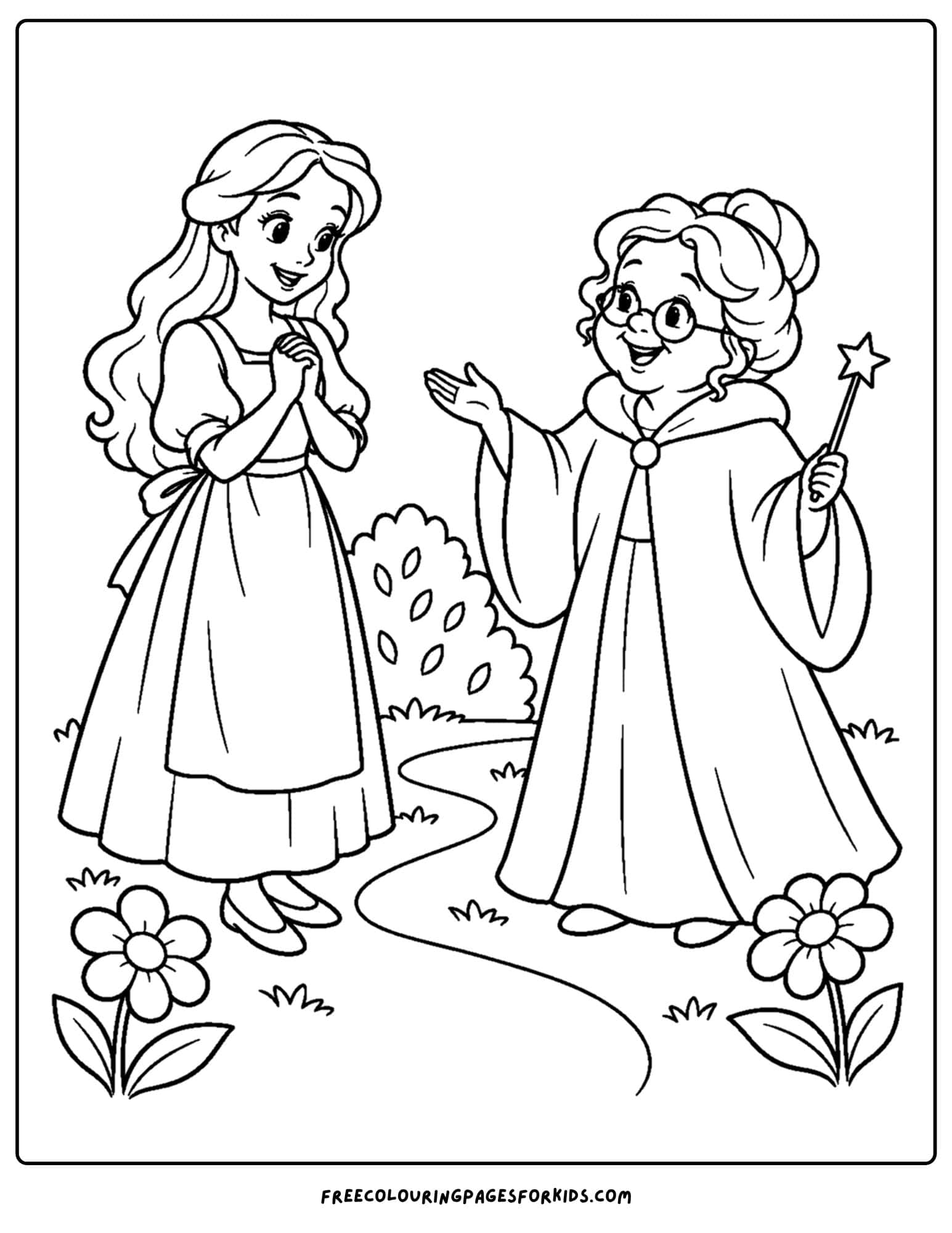 a cinderella coloring page of her meeting the fairy godmother
