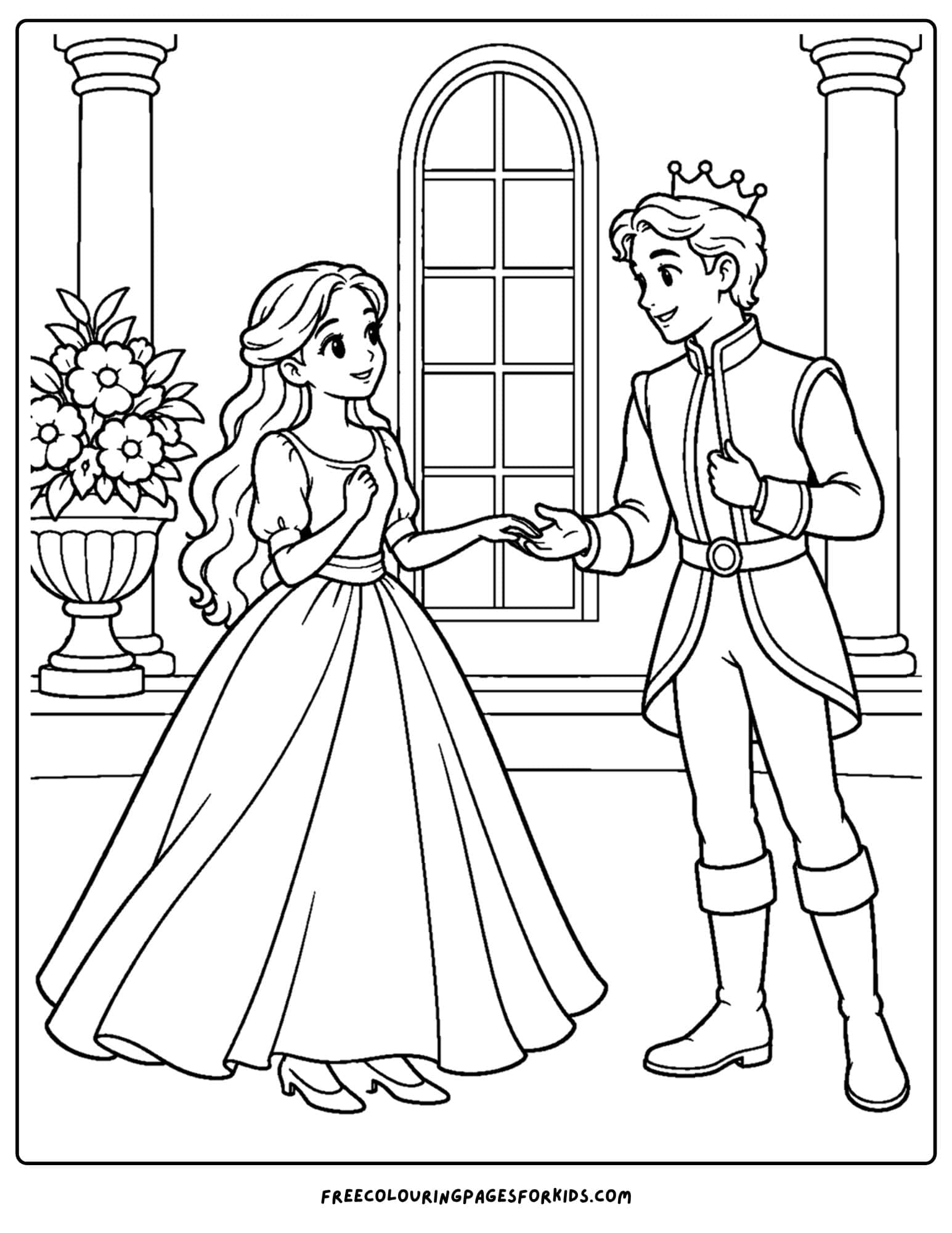 a cinderella coloring page of her meeting the prince