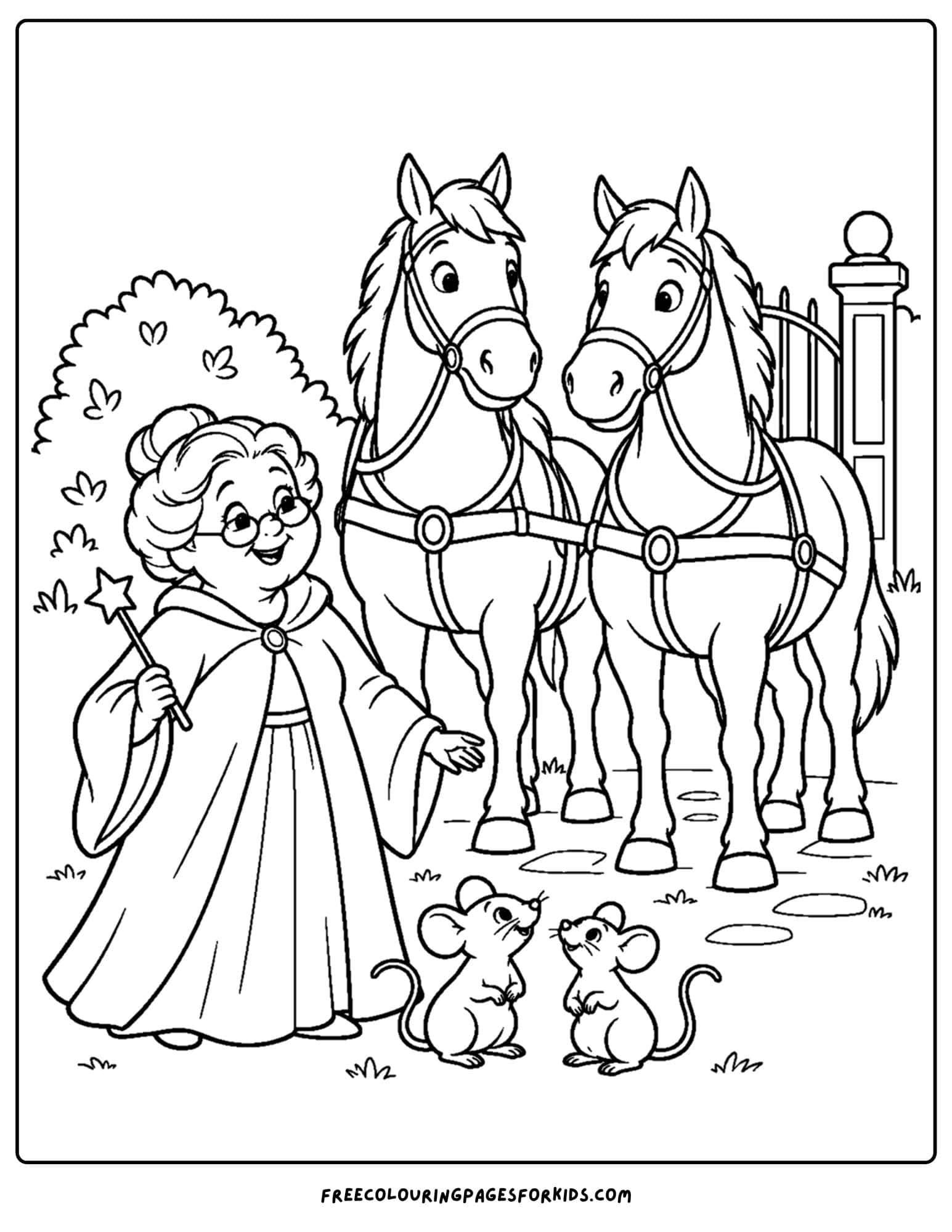 a cinderella coloring page of the mice becoming horses