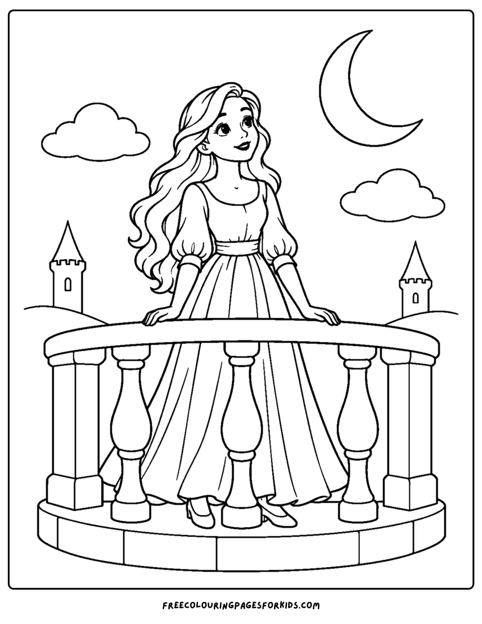 a cinderella coloring page of her on the balcony