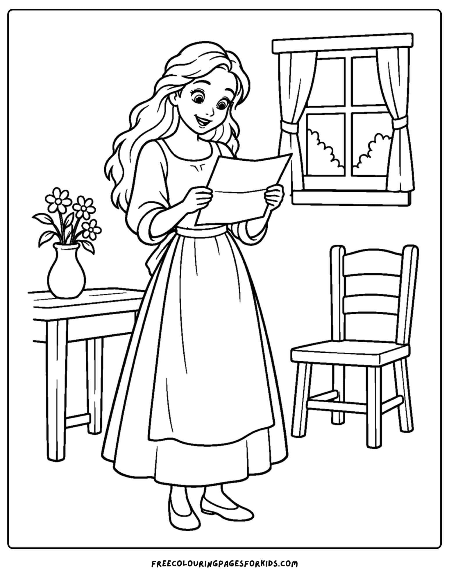 a cinderella coloring page of her reading a royal invitation