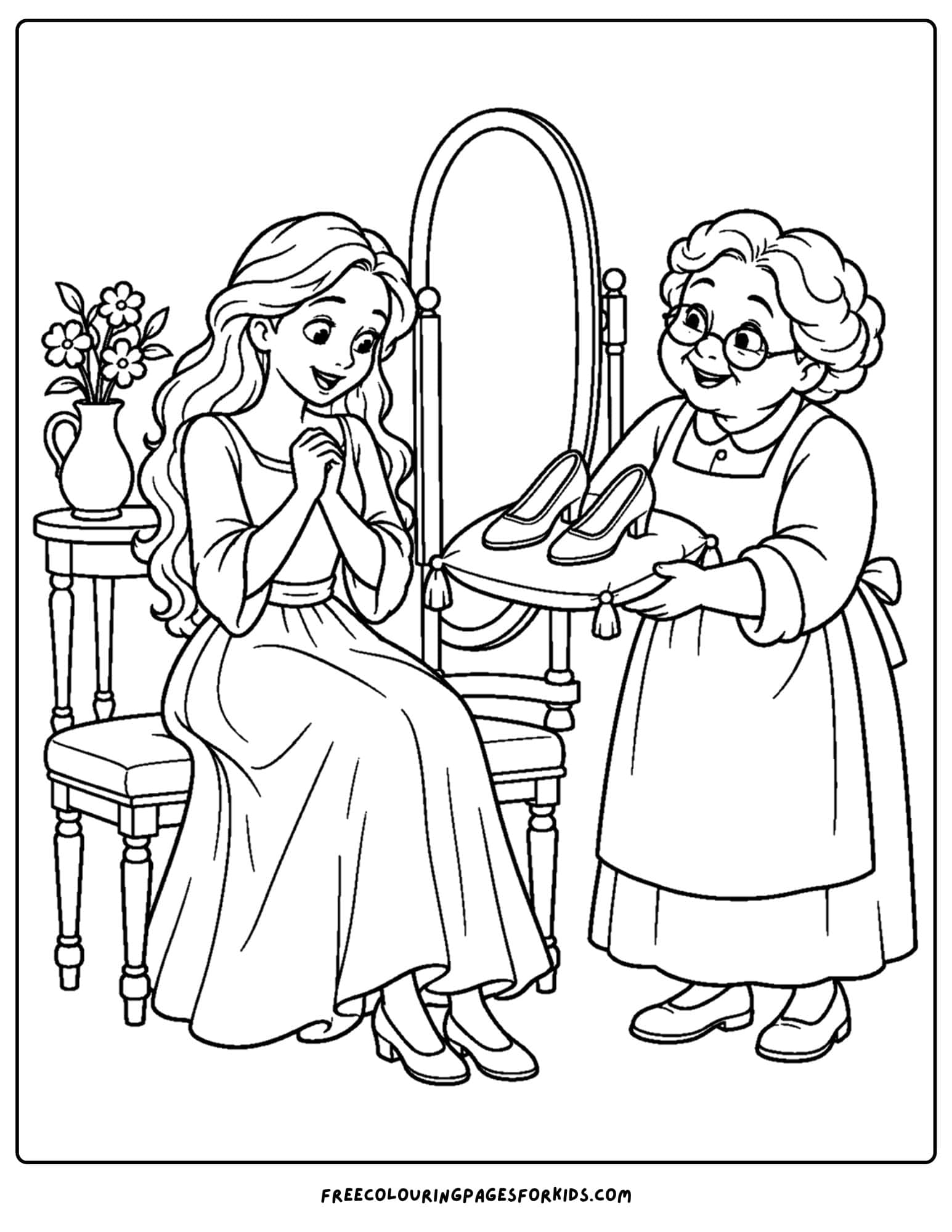 a cinderella coloring page with the fairy god mother