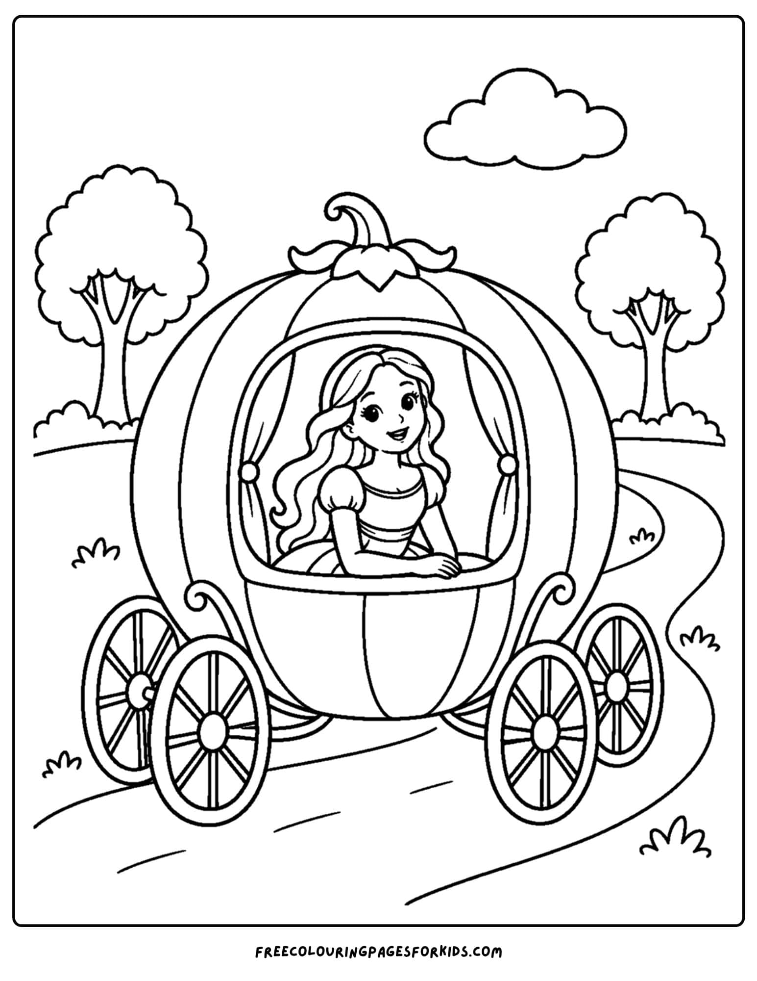 a cinderella coloring page riding in the pumkpin carriage