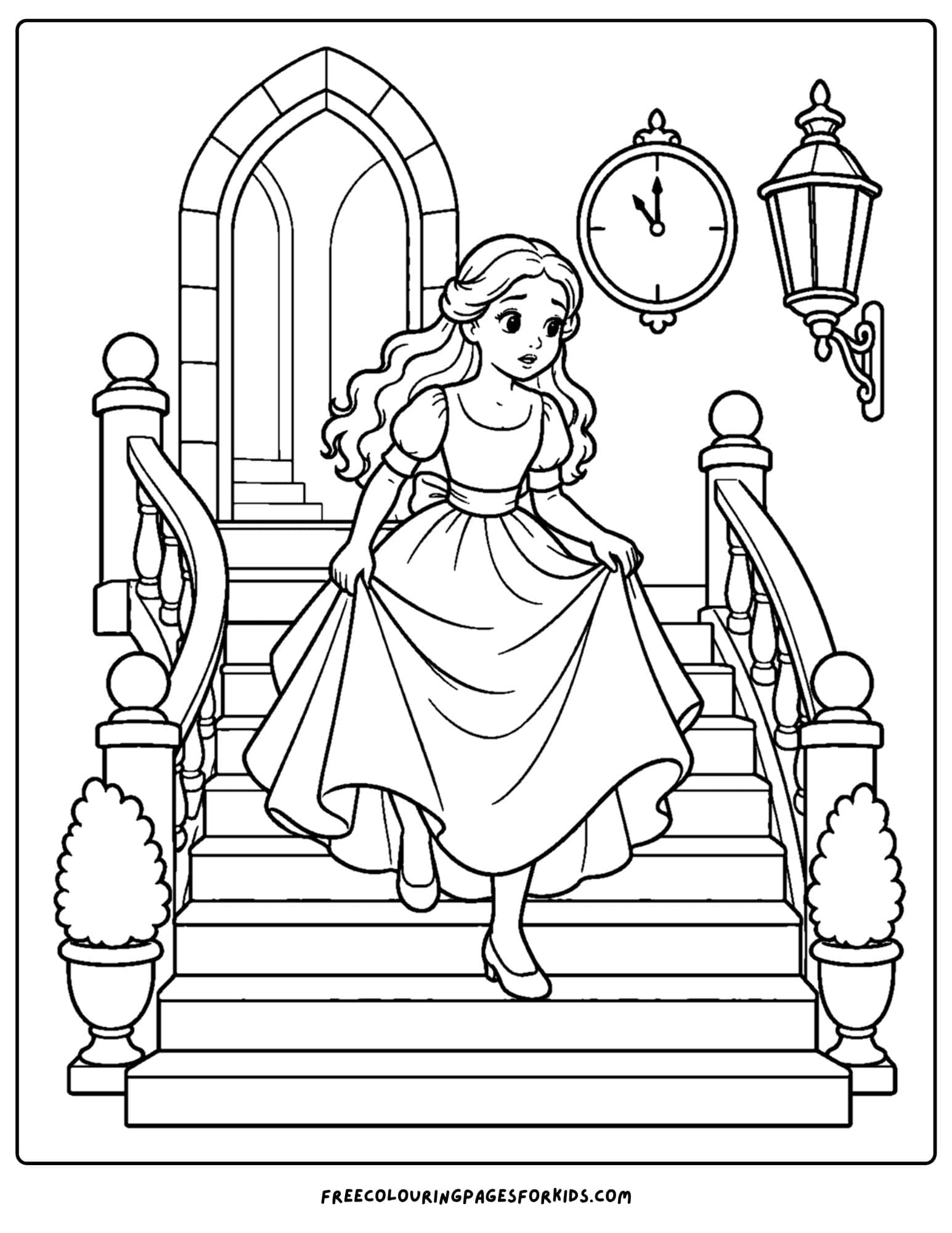 a cinderella coloring page of her running down the stairs at midnight