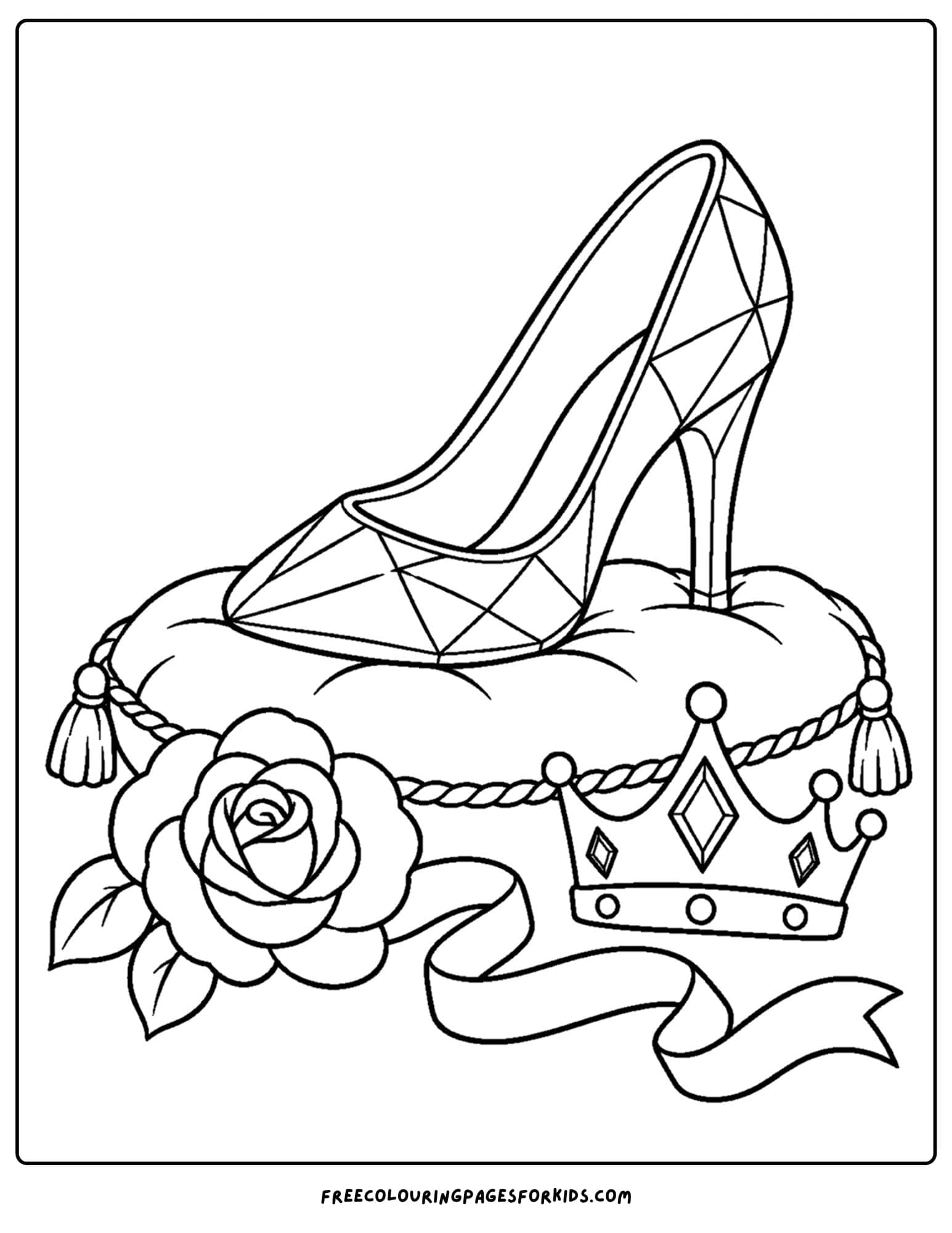 a cinderella coloring page of the glass slipper on a cushion