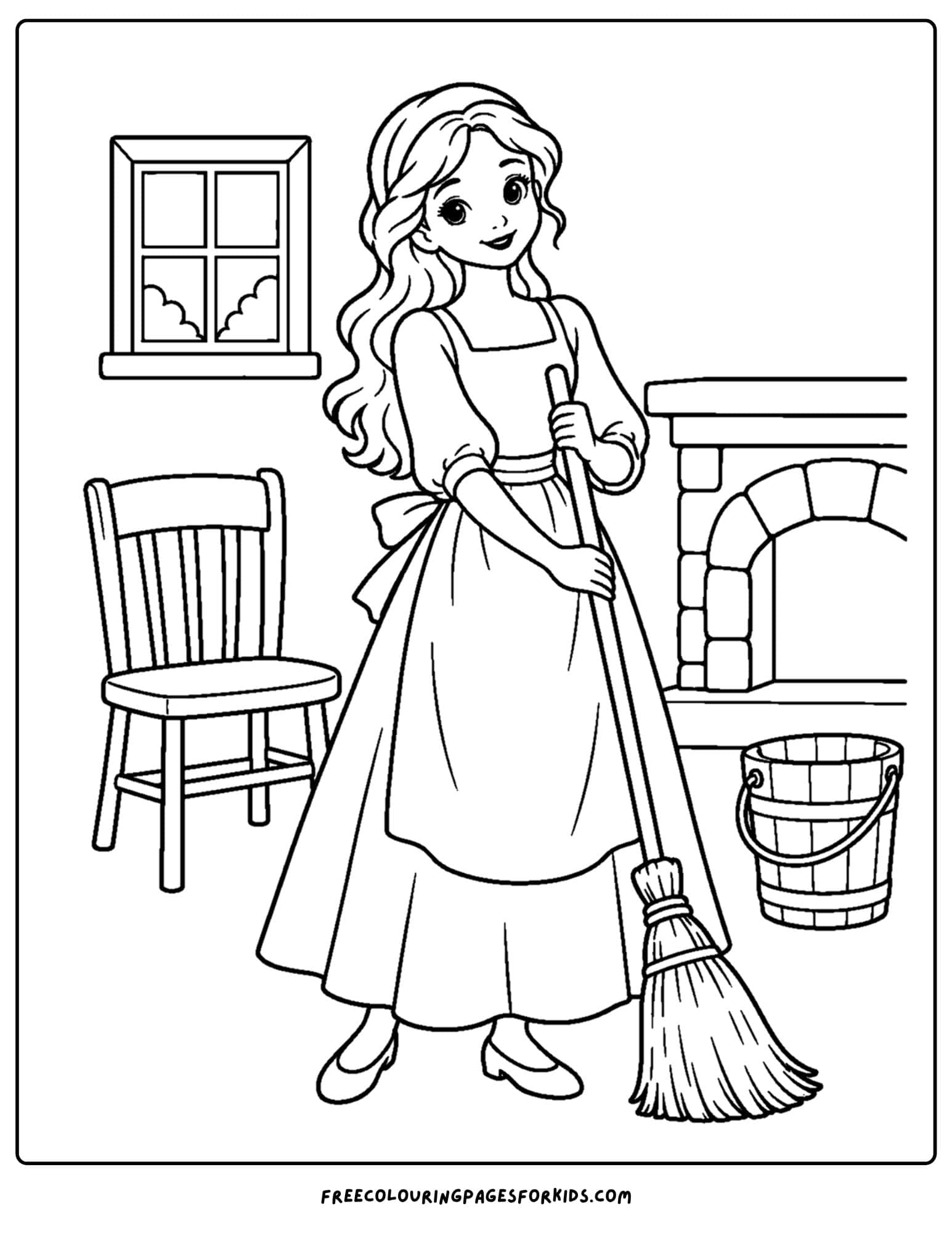 a cinderella coloring page of her sweeping the cottage