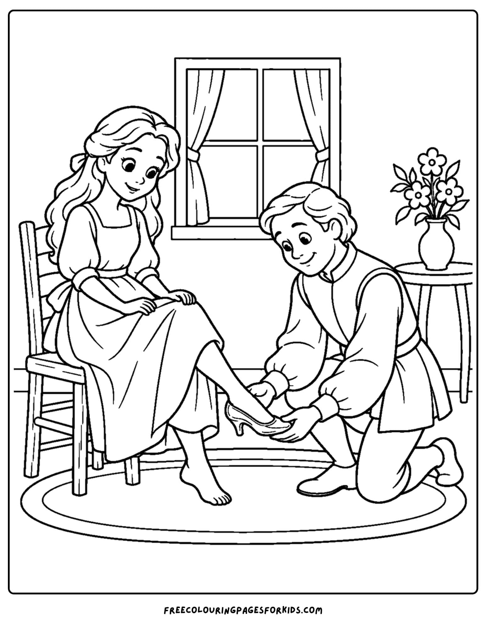 a cinderella coloring page showing her trying on the glass slipper