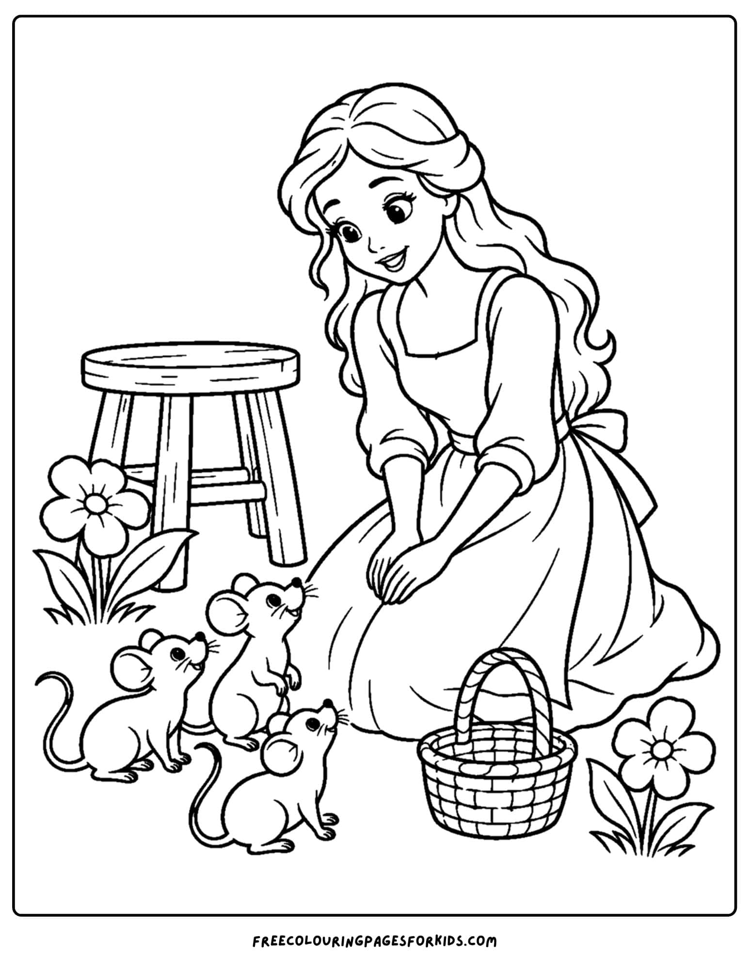 a cinderella coloring page showing her with friendly mice