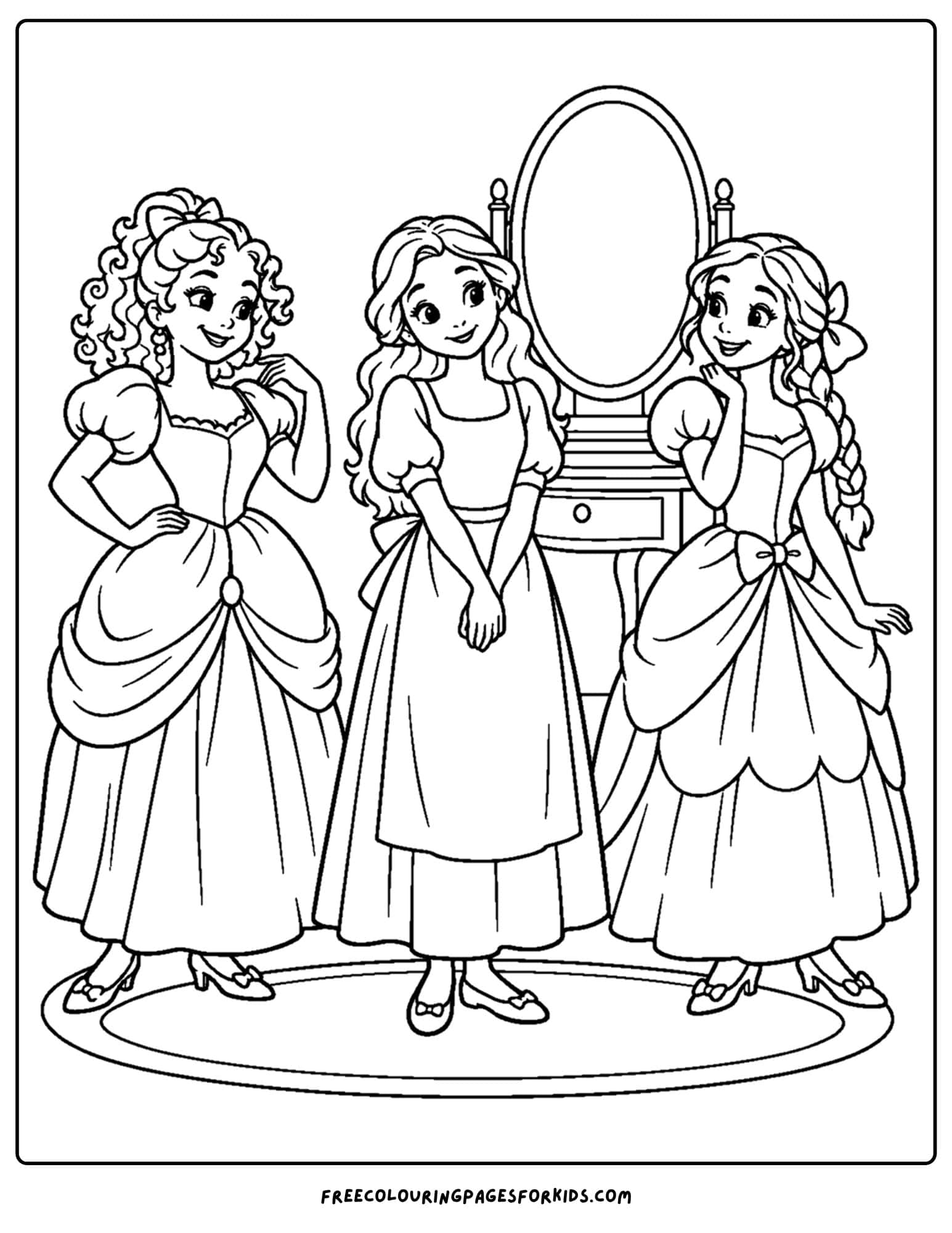 a cinderella coloring page showing cinderella with her two step sisters
