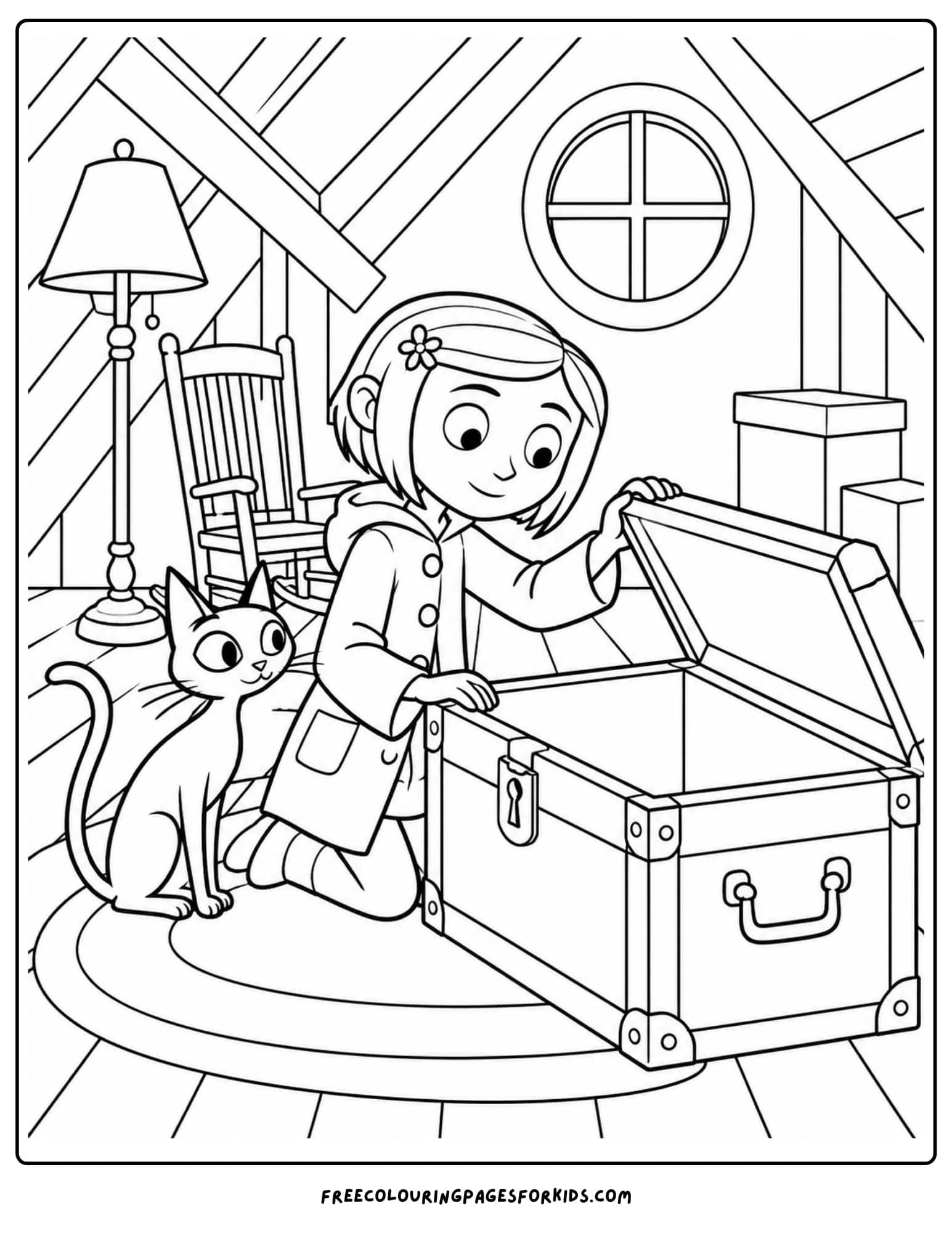 a coloring page showing coraline in the attic looking at a storage box