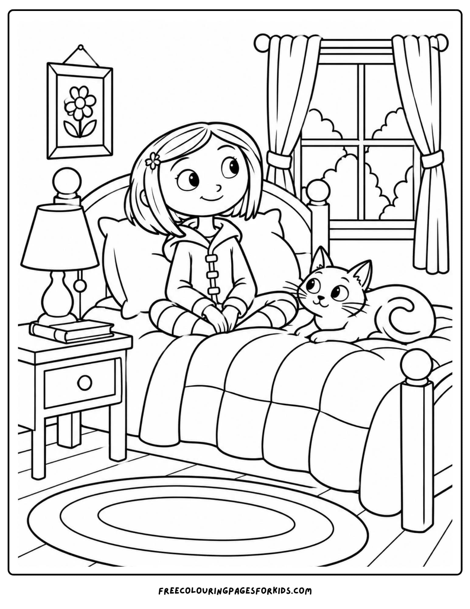 a coloring page showing coraline in a bedroom with a cat