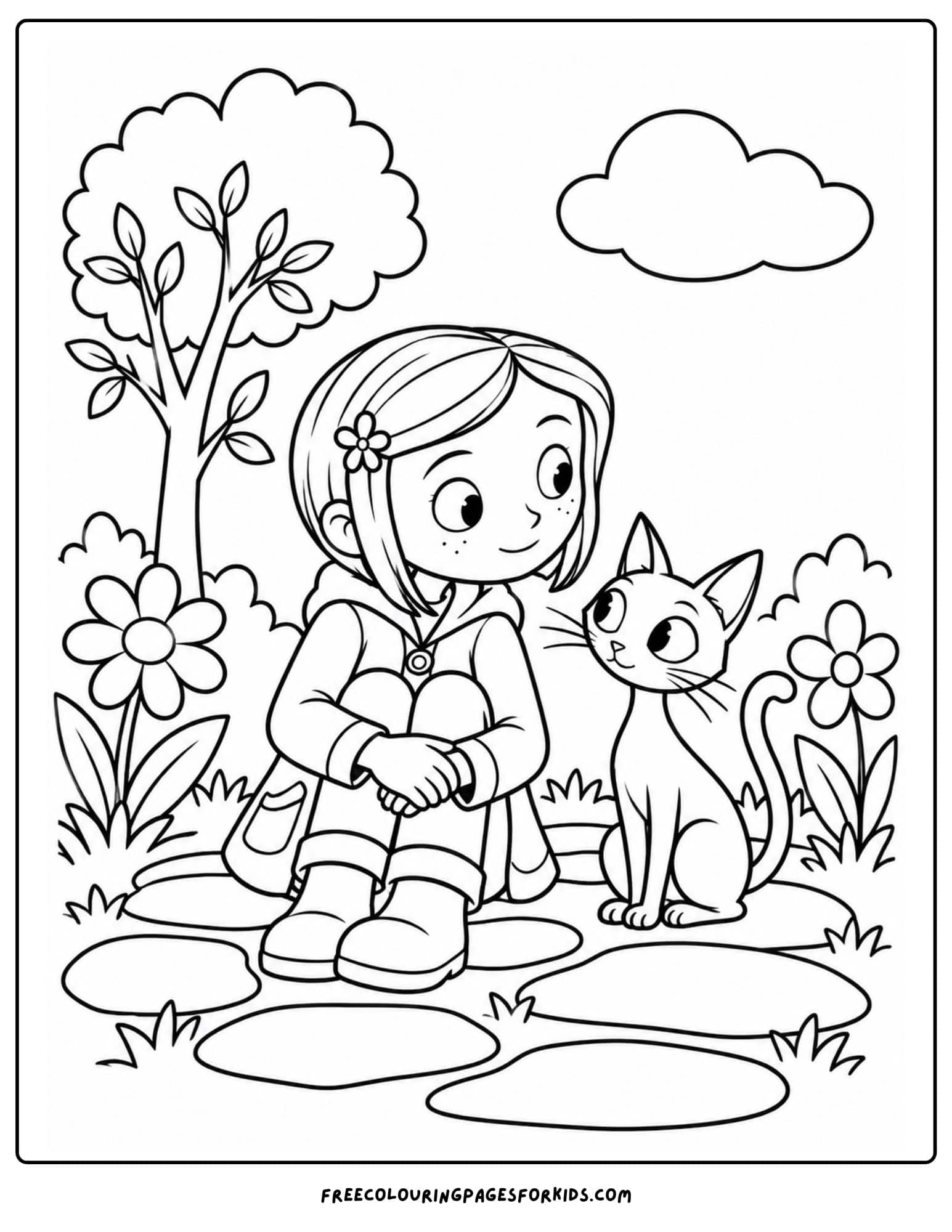 a coloring page showing coraline with a black cat in a garden