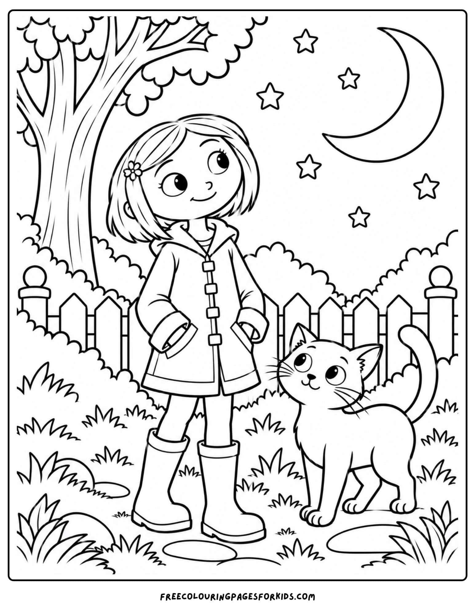a coloring page showing coraline going for a walk under a cresent moon