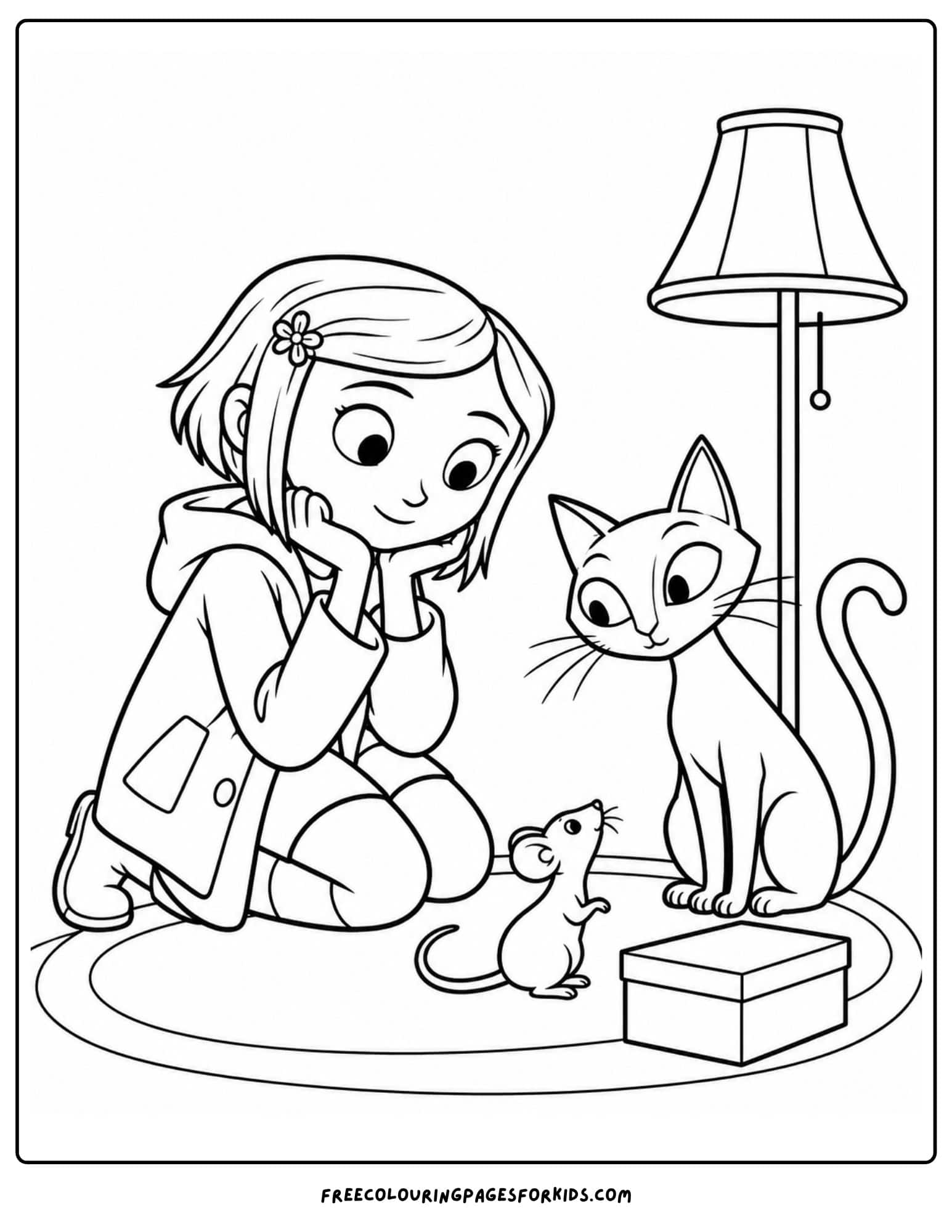 a coloring page showing coraline with cat looking at a curious mouse
