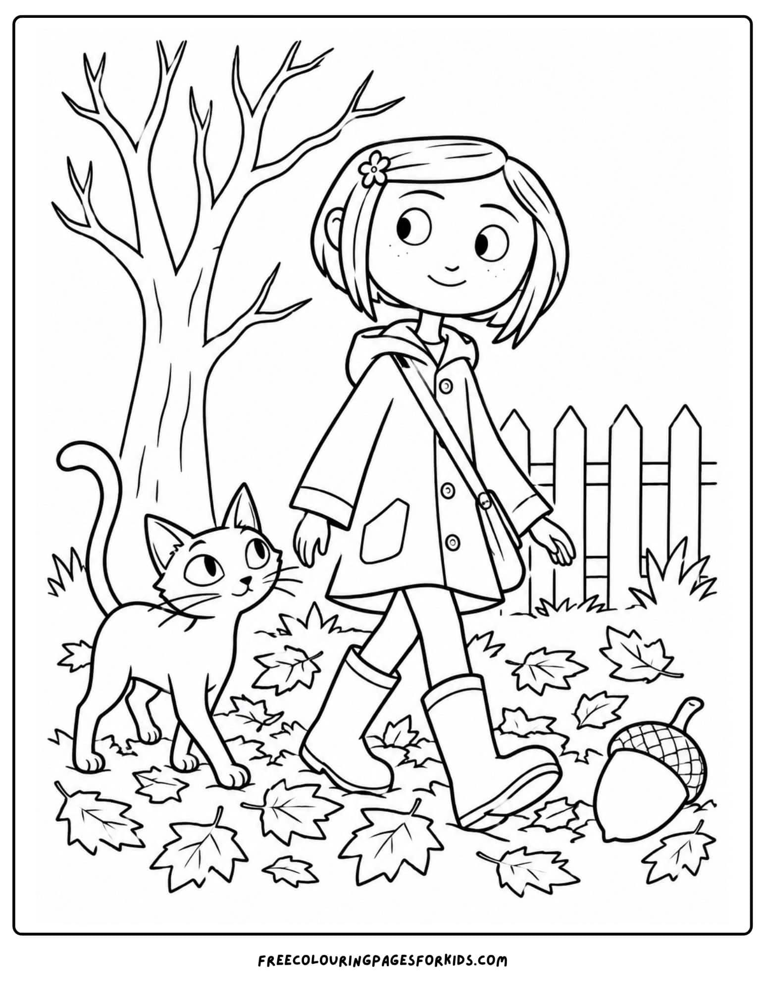 a coloring page showing coraline walking on fallen leaves