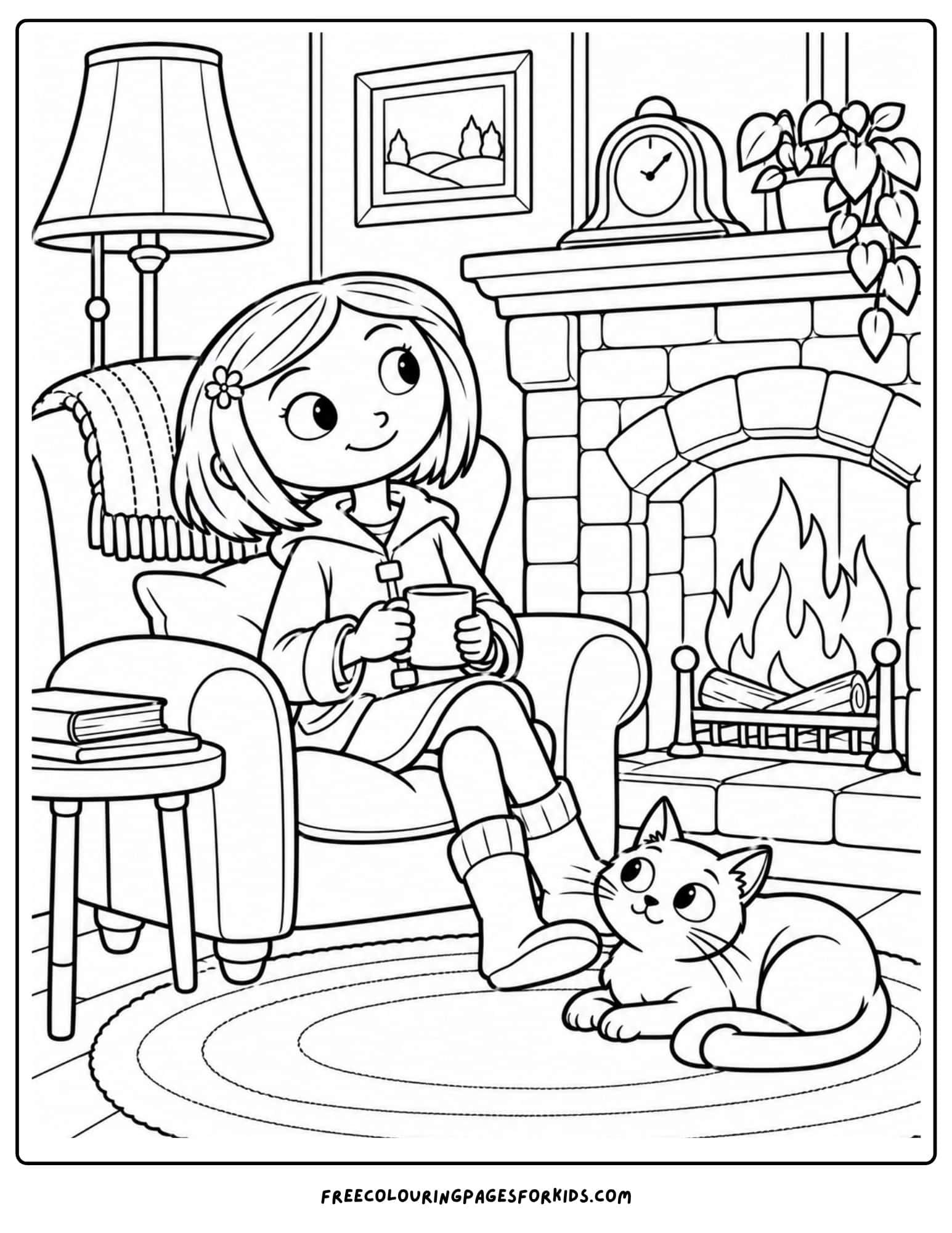 a coloring page showing coraline sitting beside a fireplace