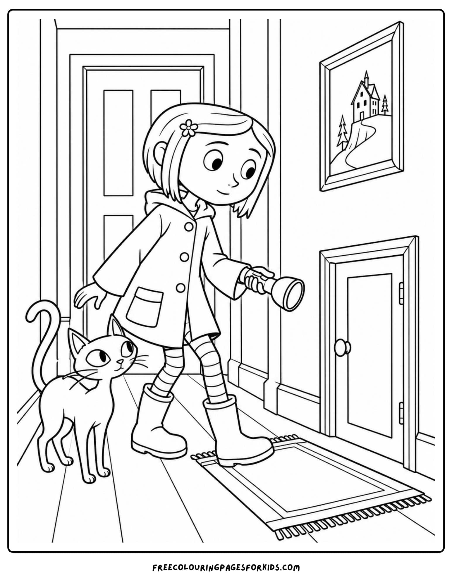 a coloring page showing coraline holding a flashlight outside a small door
